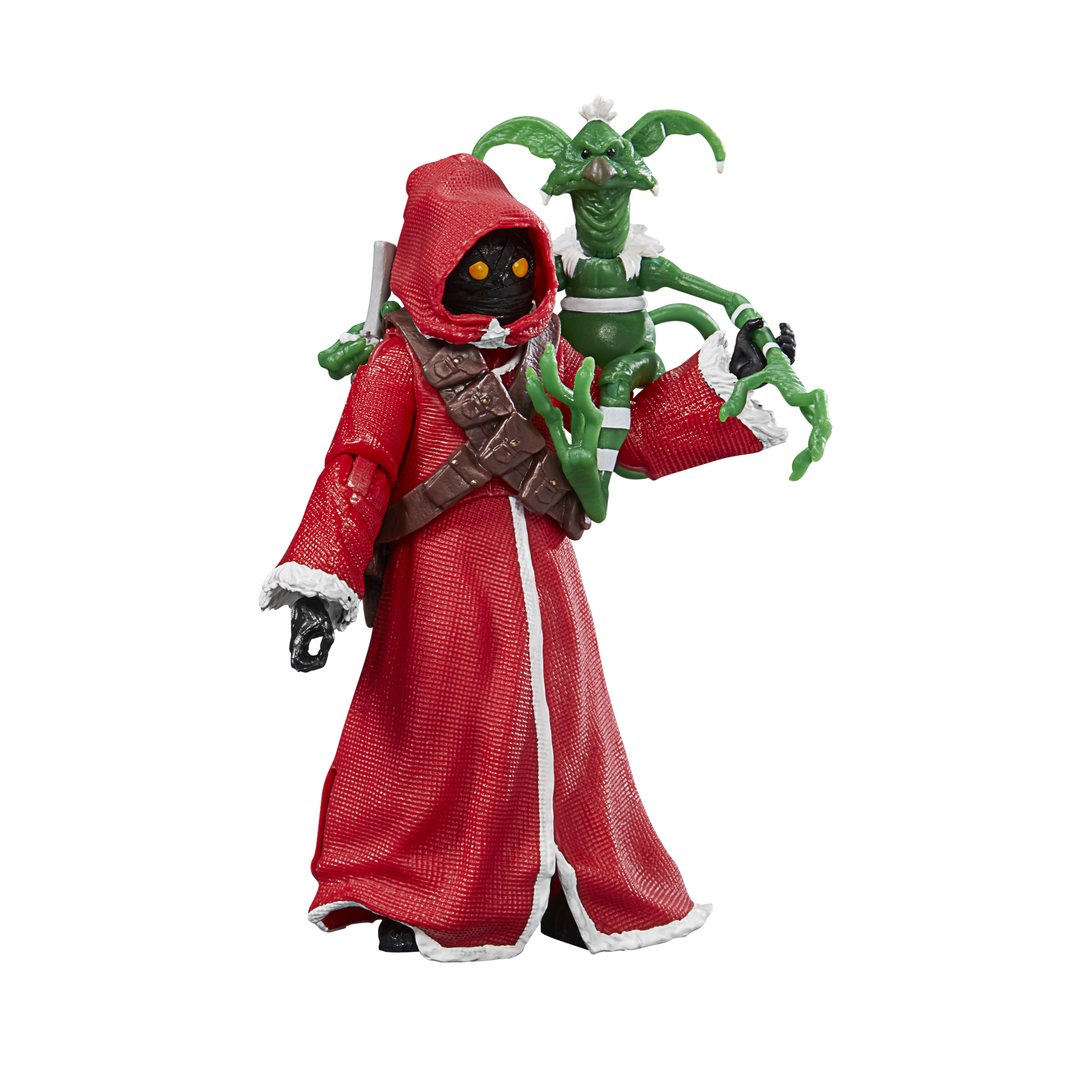 Una figura con túnica roja con una criatura verde en el hombro. La figura tiene una capucha y un bastón.