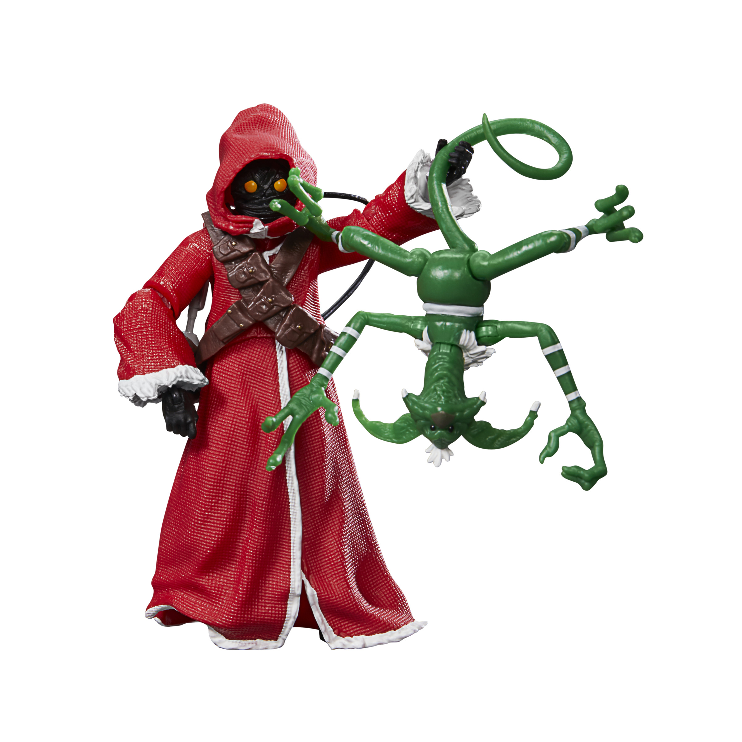 Figura con túnica roja sosteniendo criatura verde, fondo blanco.
