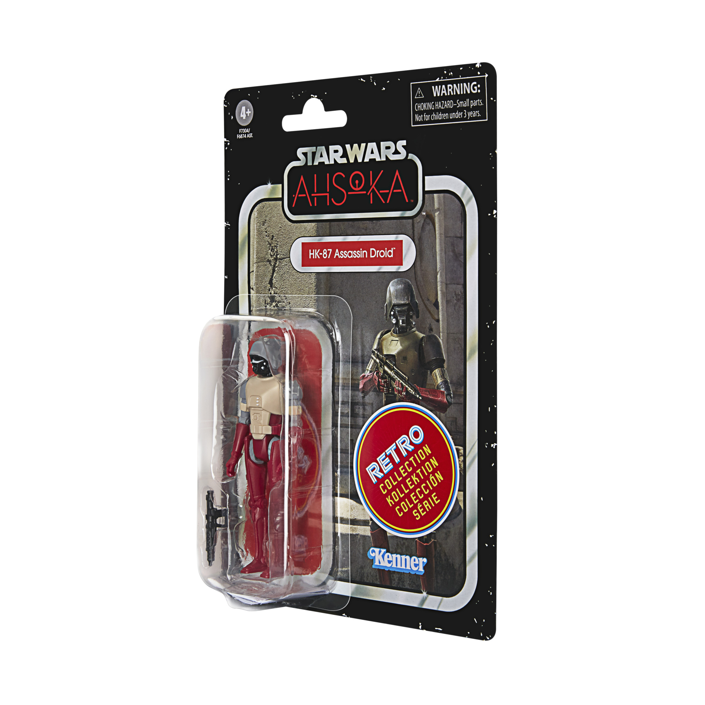 Figura de acción retro de Star Wars Ahsoka en embalaje. Droide rojo y blanco con una pistola en el paquete.