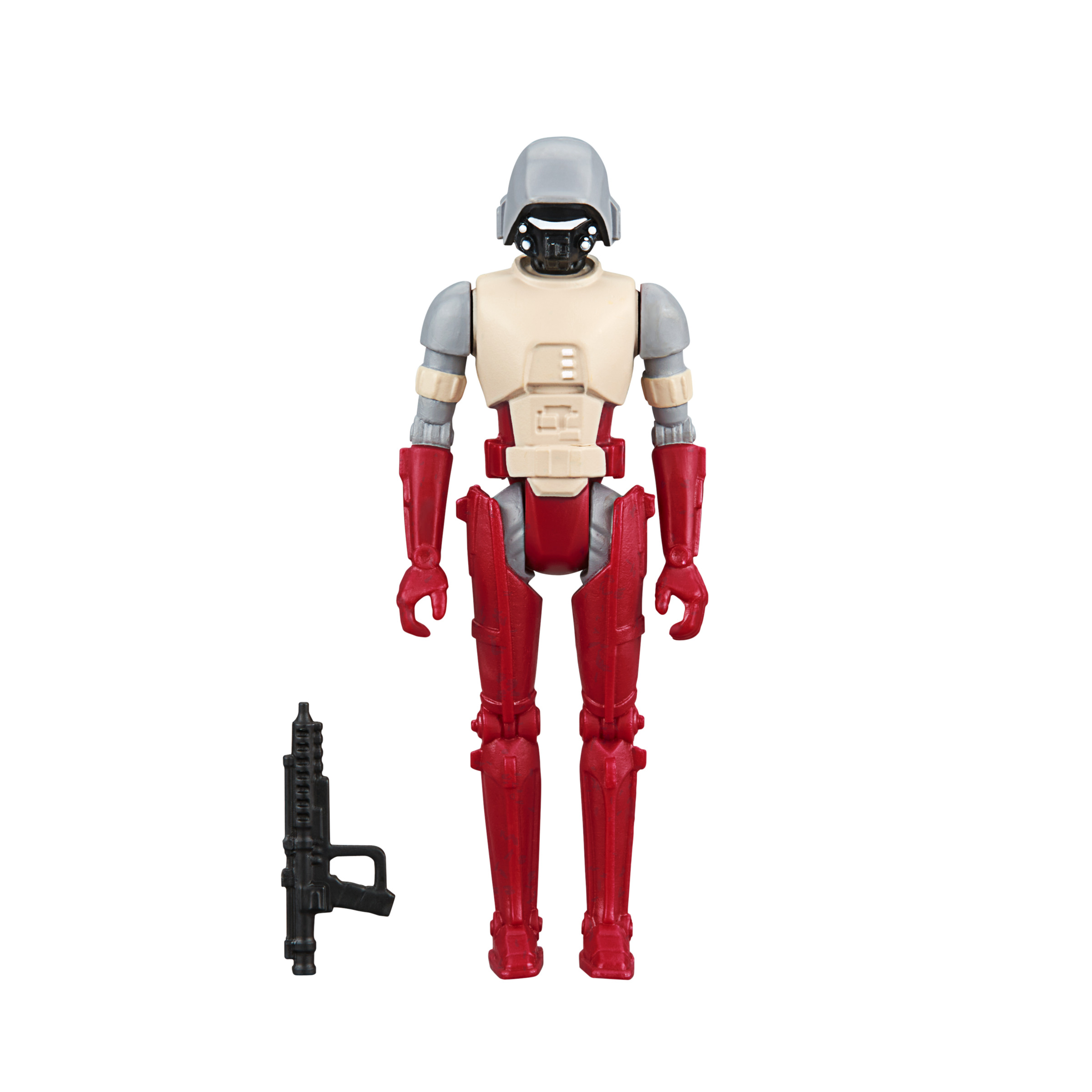 Una figura de acción de robot rojo y gris sosteniendo un arma negra.