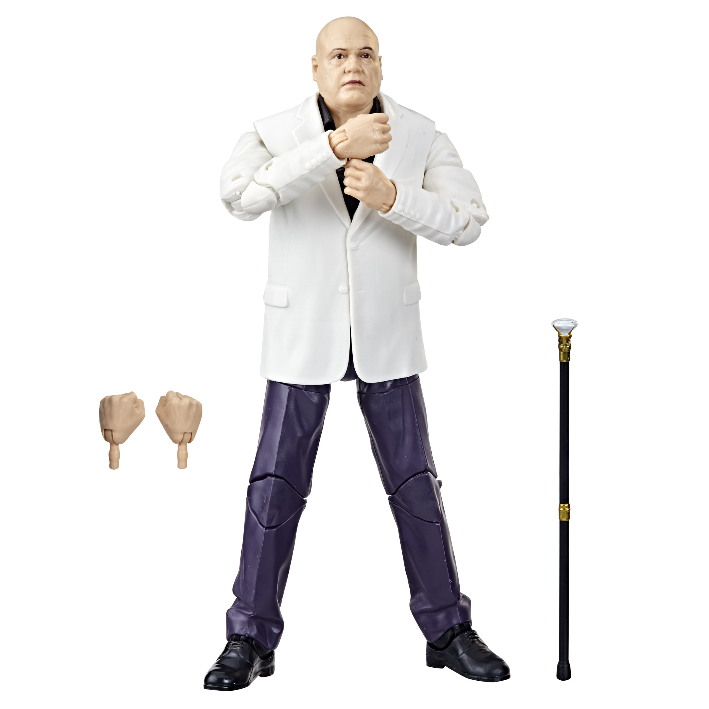 Kingpin-Actionfigur in weißem Anzug und lila Hose. Zubehör: Gehstock und zusätzliche Hände. Weißer Hintergrund.