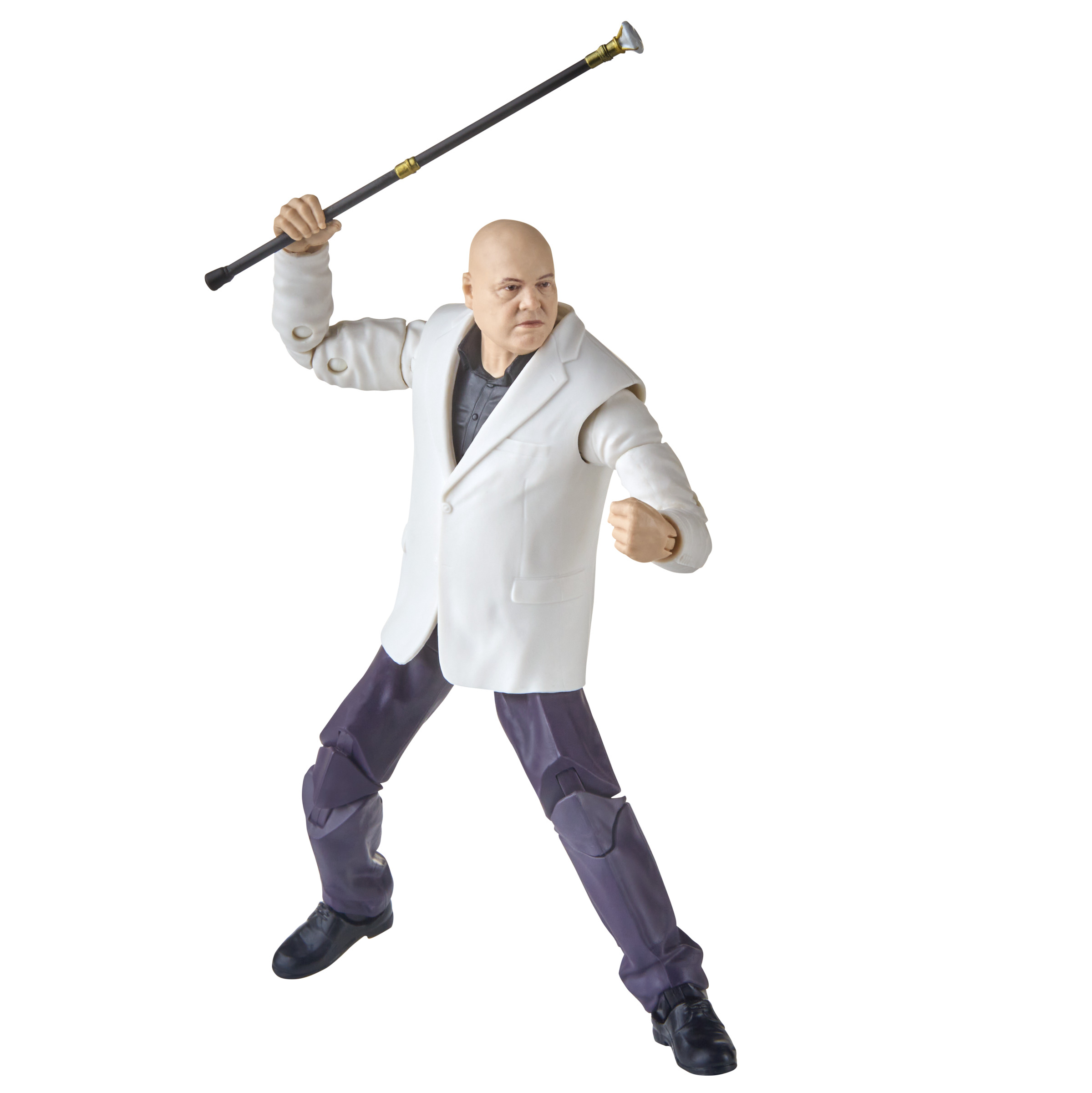 Kingpin-Actionfigur im weißen Anzug, hält einen schwarzen Stock. Er posiert kämpferisch auf weißem Hintergrund.