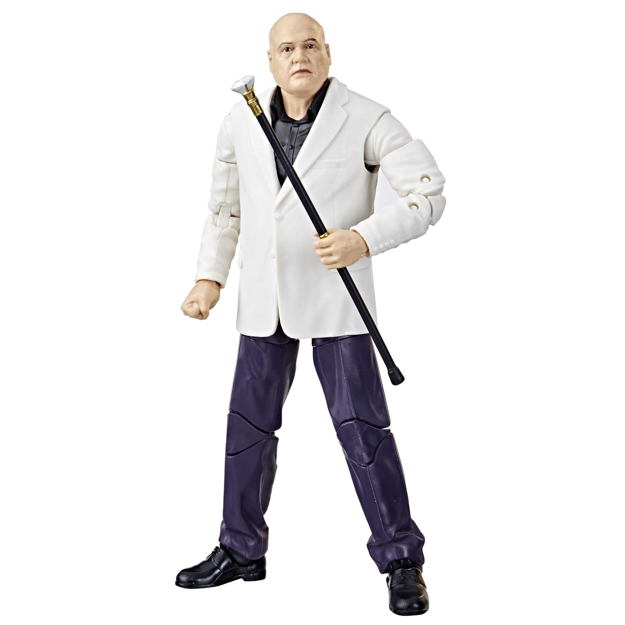 Kingpin-Actionfigur mit Stock, trägt weißen Anzug, lila Hose und schwarze Schuhe.