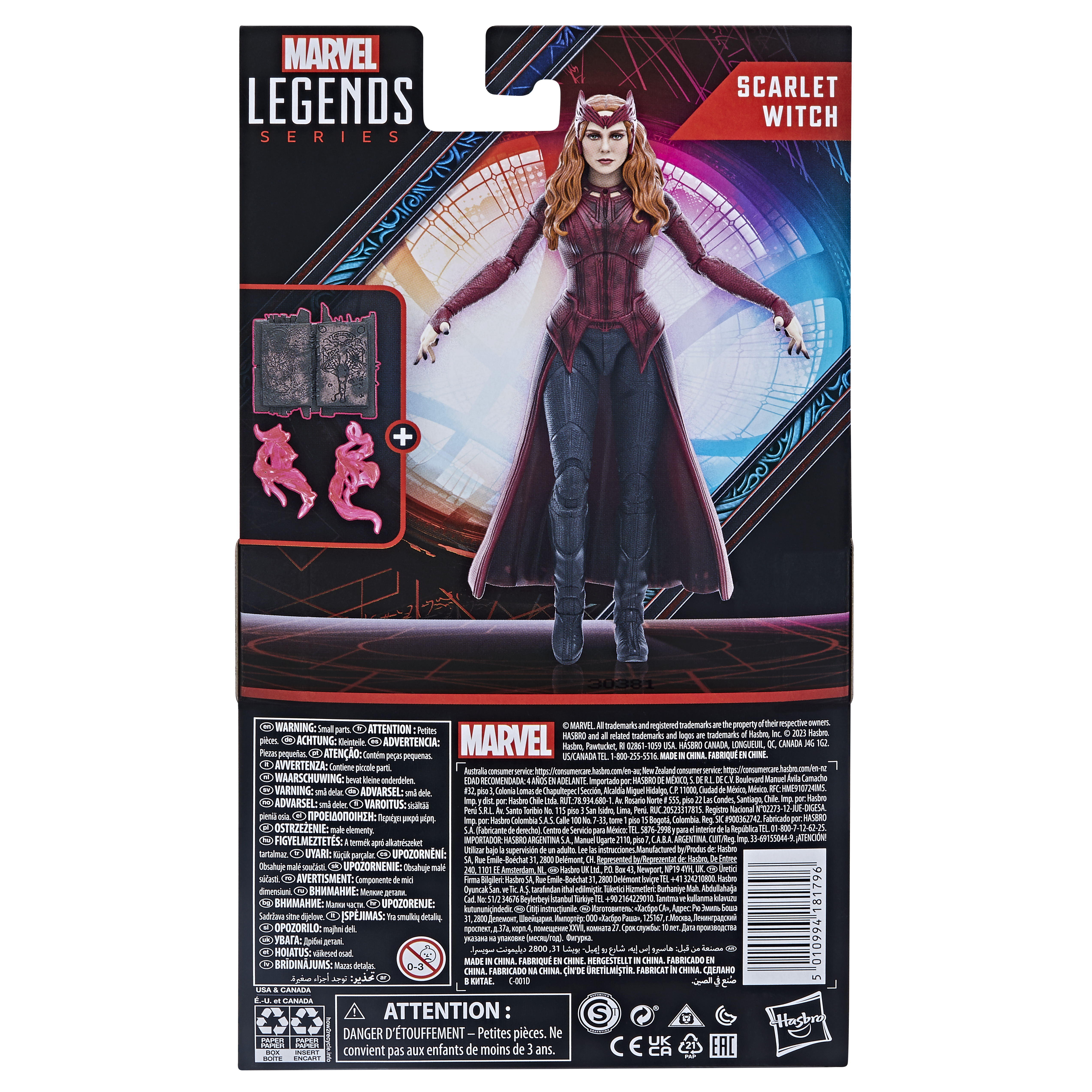 Scarlet Witch figür paketinin arkası. Figürü kostümüyle ve aksesuarlarla gösterir.