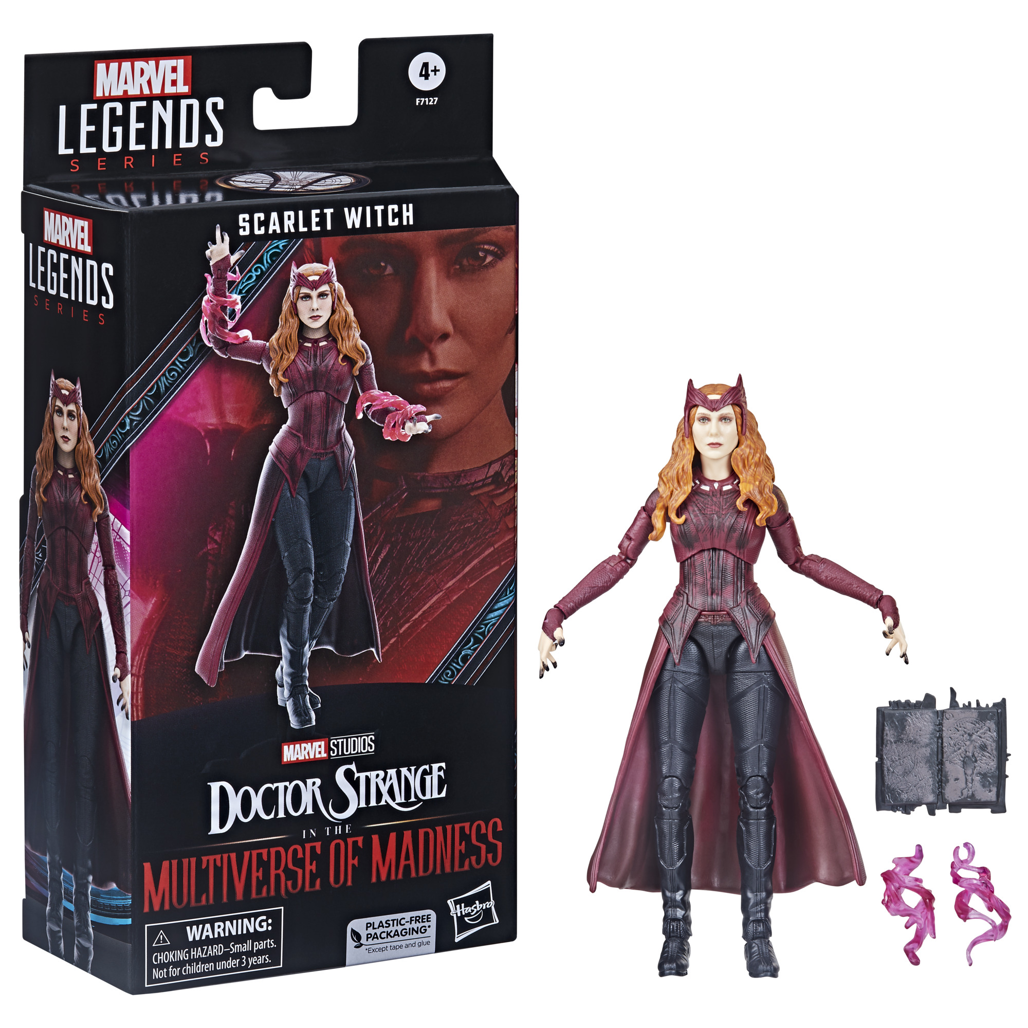 Aksesuarlarla kutuda Scarlet Witch aksiyon figürü. Kırmızı ve siyah kostüm. Beyaz zemin.