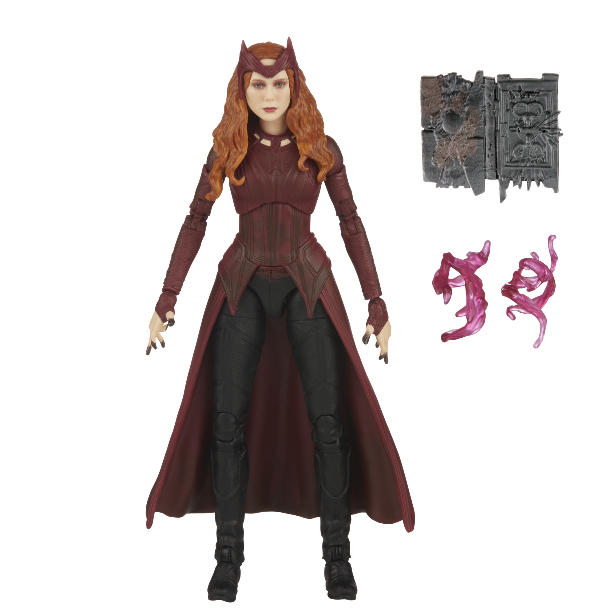 Aksesuarlı Scarlet Witch aksiyon figürü, beyaz arka planda.