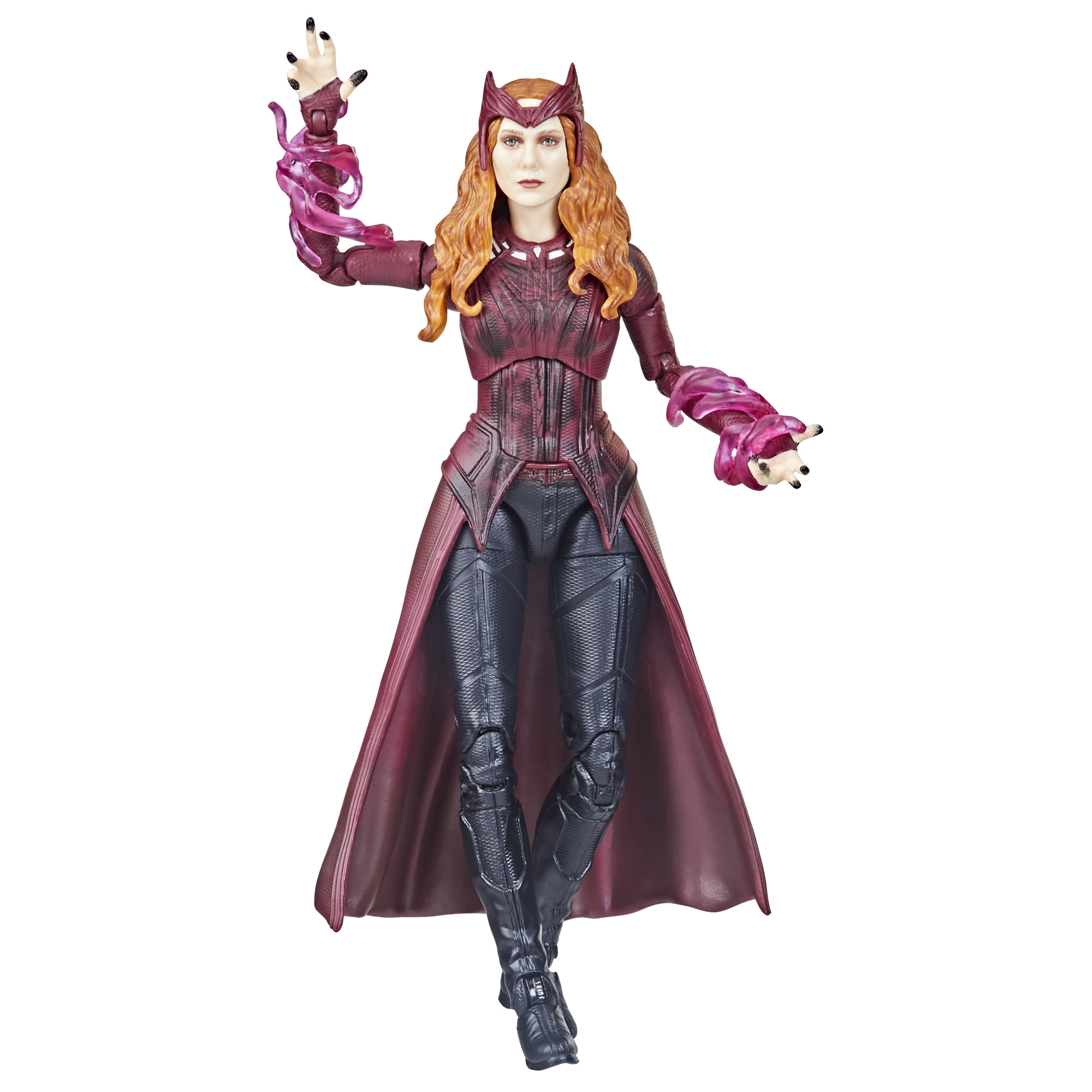 Kırmızı kıyafetli ve enerji efektli, poz veren Scarlet Witch aksiyon figürü.