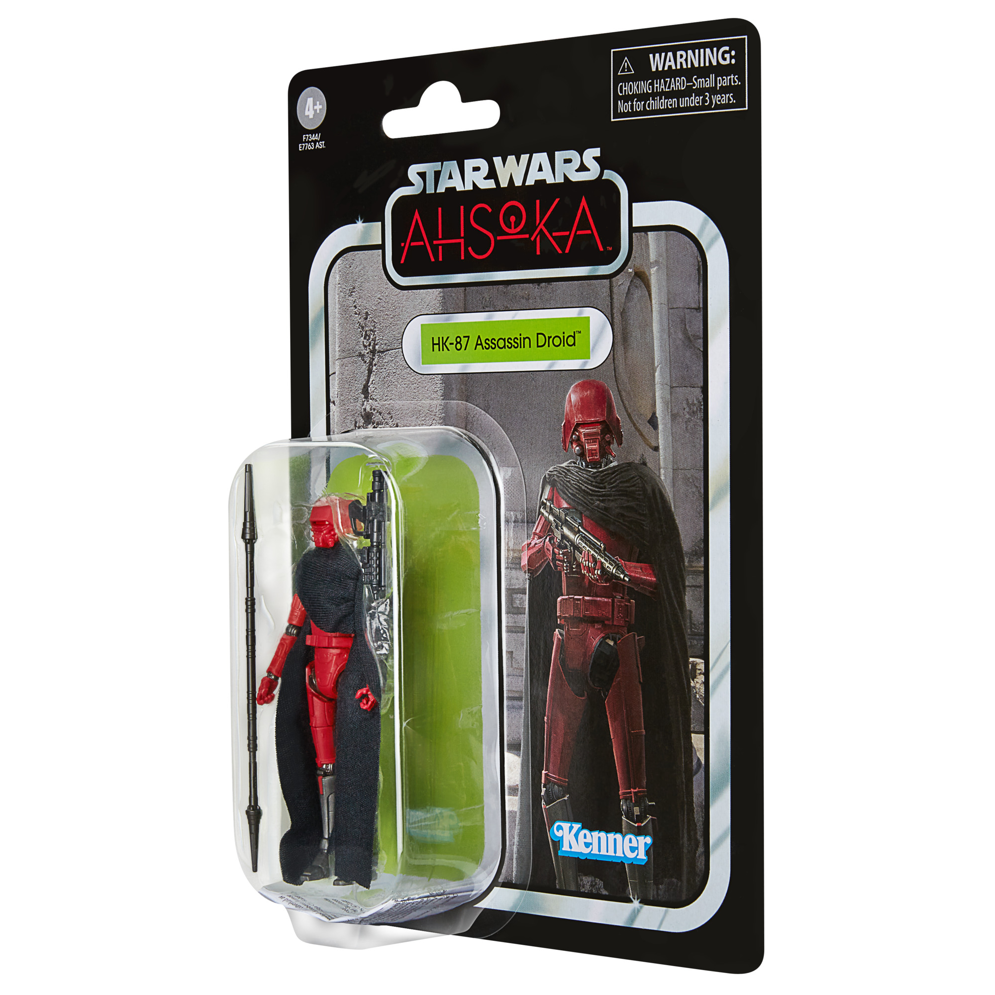 Confezione giocattolo Star Wars Ahsoka con personaggio rosso e mantello nero, in custodia trasparente.
