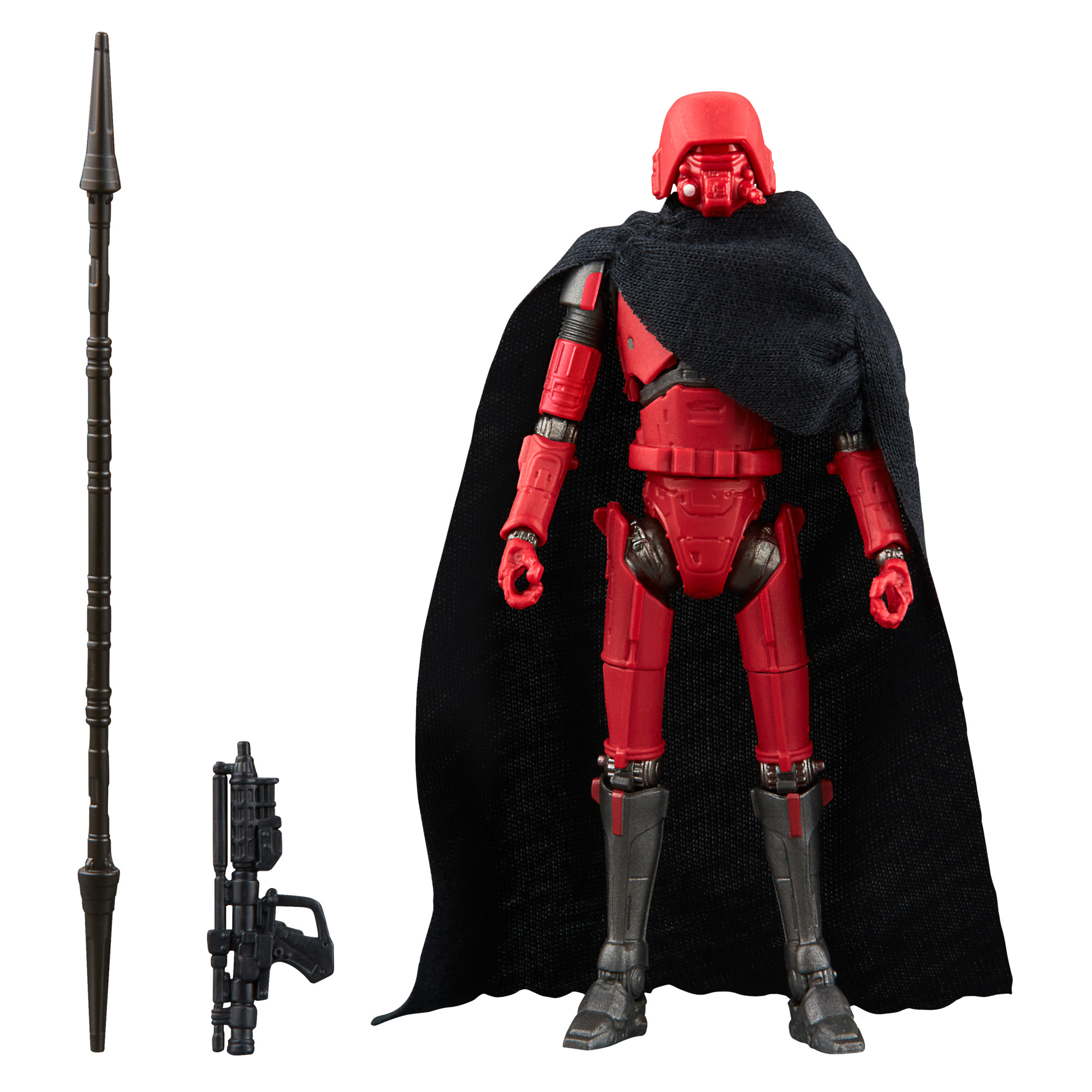 Figura di Star Wars con armatura rossa e mantello nero, che tiene un'arma e una lancia.