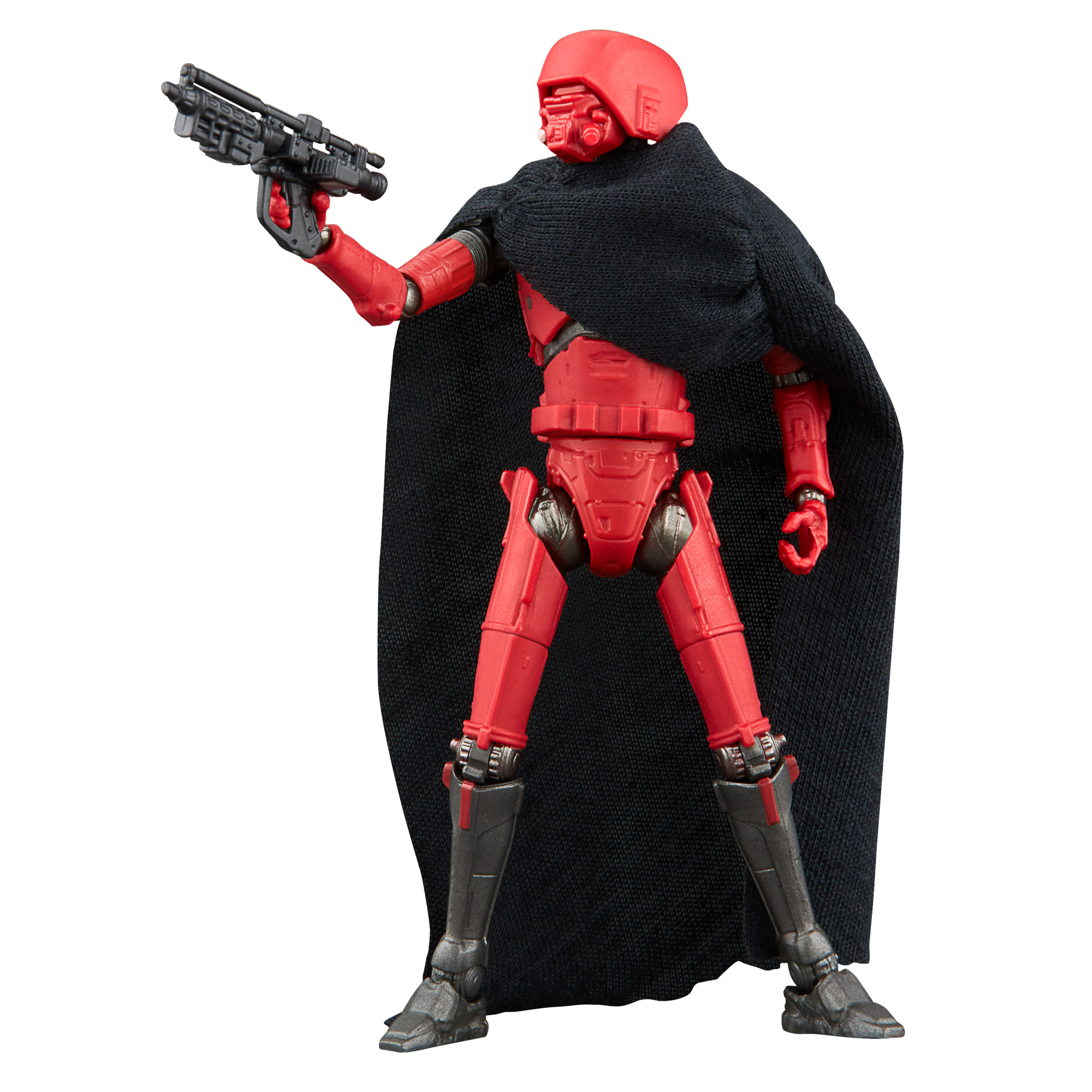 Action figure di robot rosso con mantello nero e che tiene una pistola.