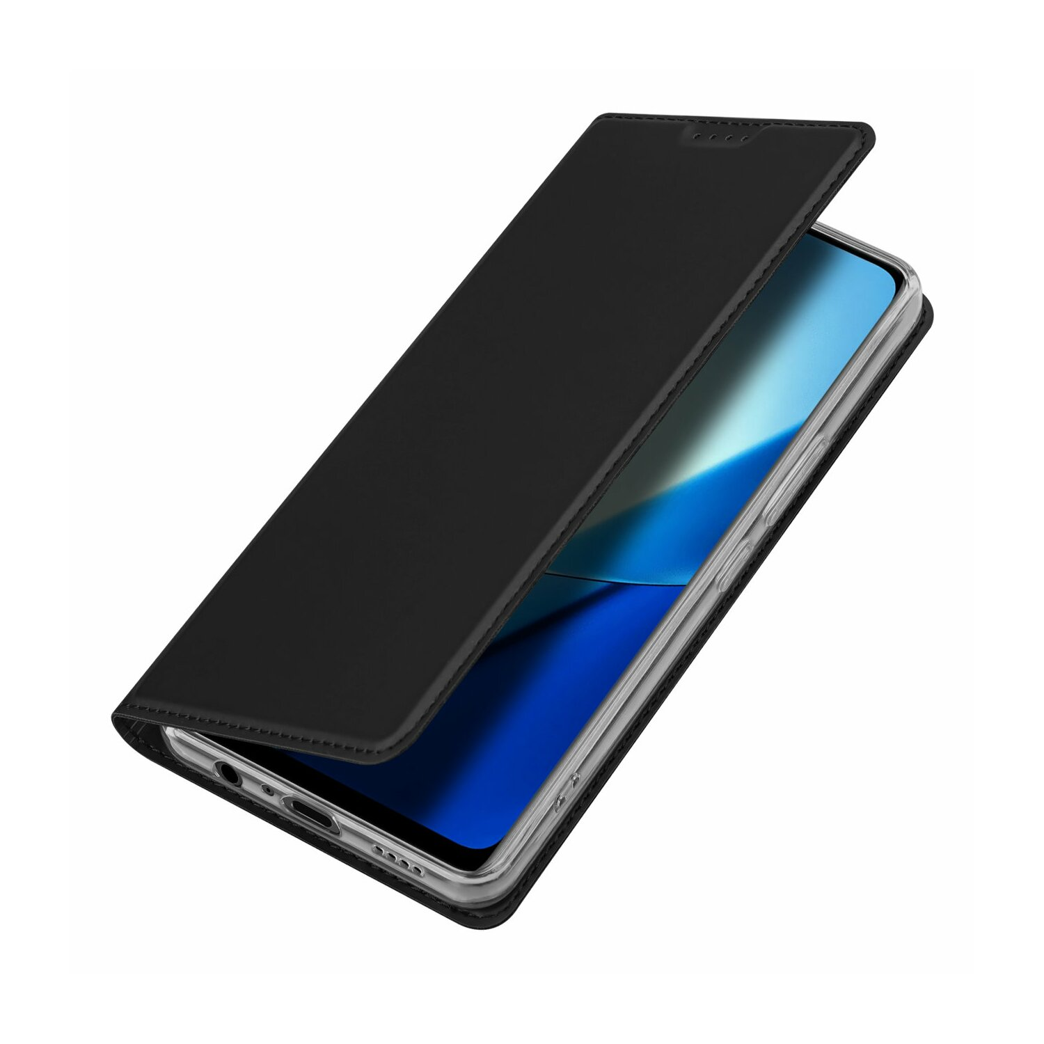 Schwarze Handyhülle mit offenem Deckel über einem Telefon. Der Bildschirm zeigt eine blau-weiße Grafik.