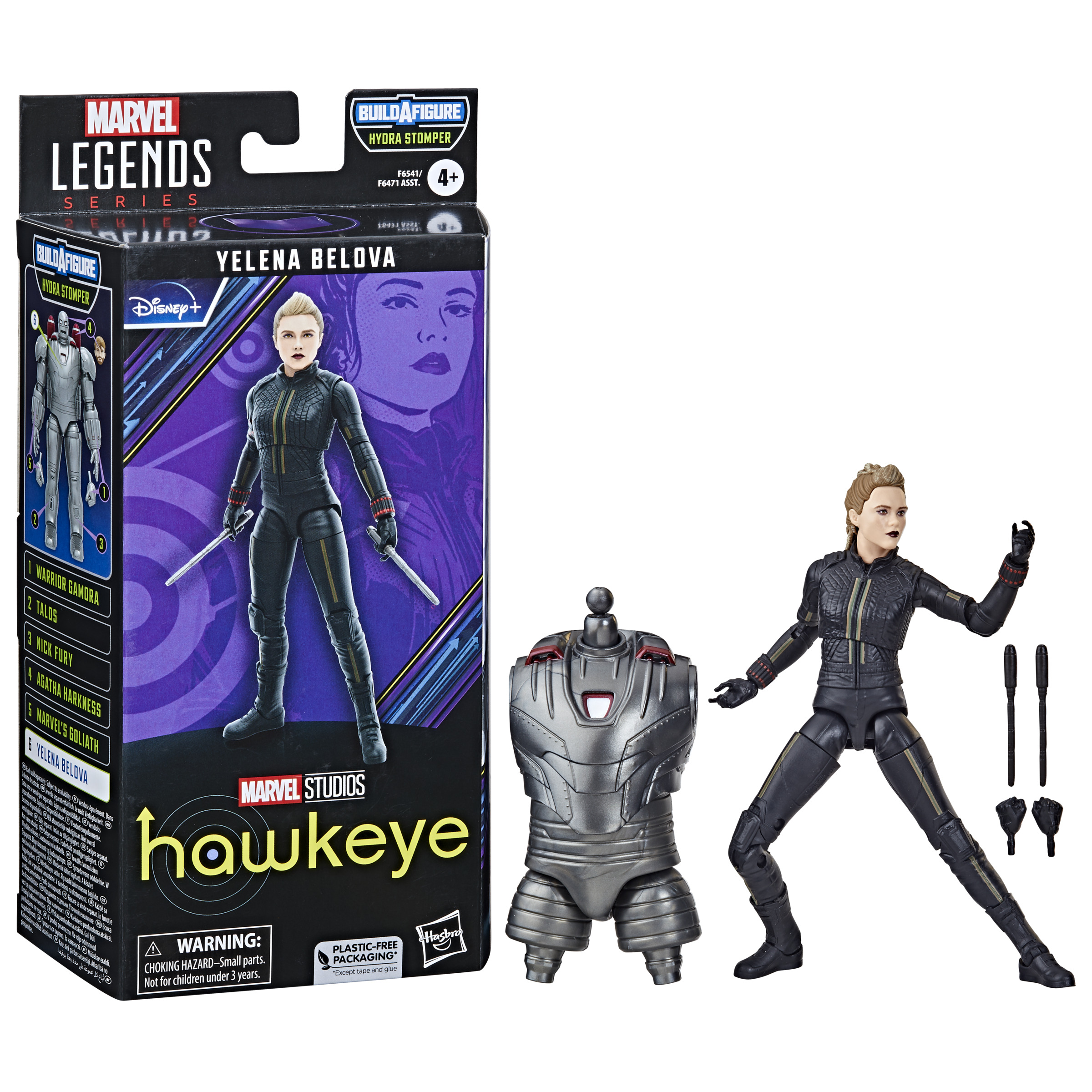 Figura de acción de Yelena Belova en traje negro con espadas, empaque a la izquierda, partes de Hydra Stomper.