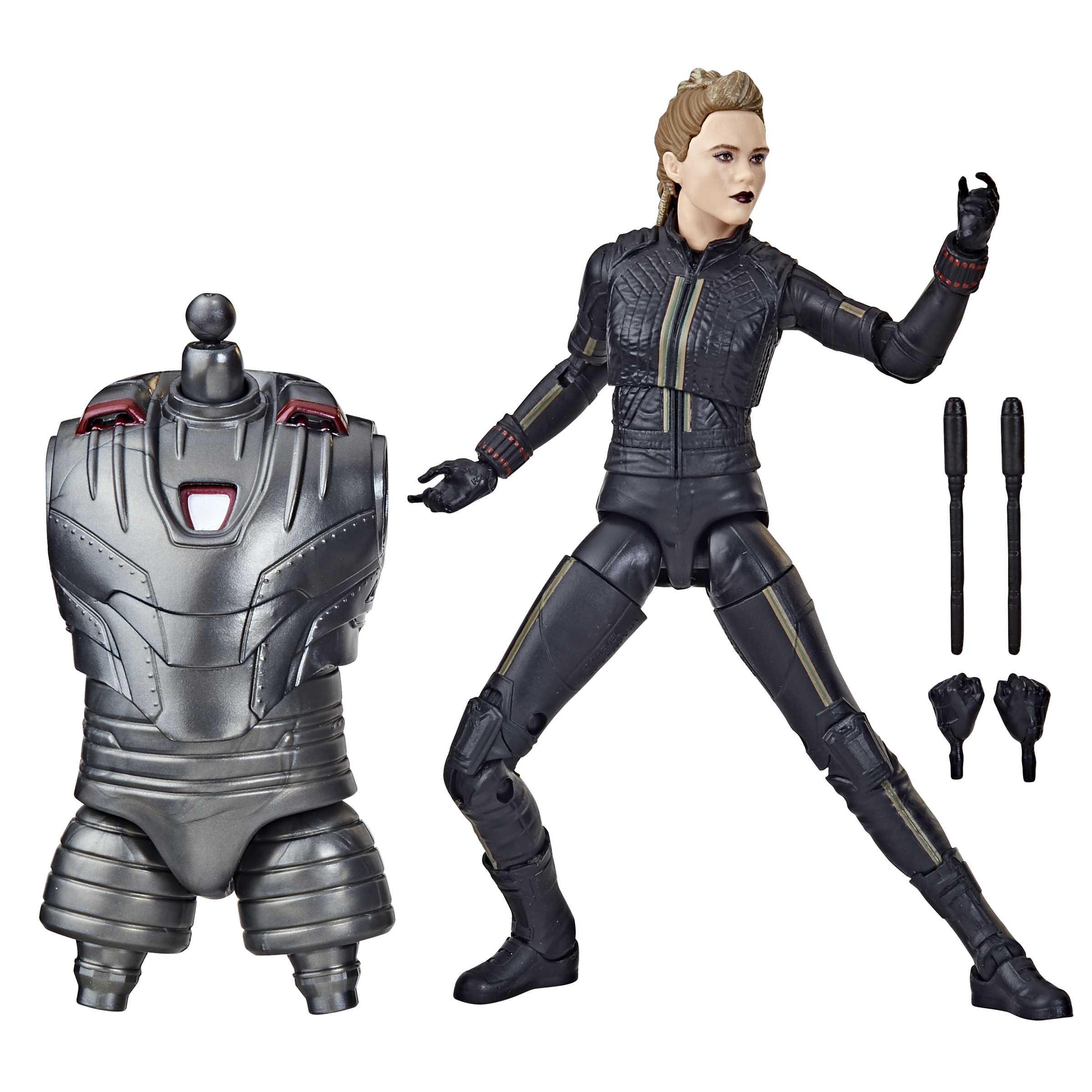 Una figura de acción de Viuda Negra con una pieza de armadura de Iron Man, en una pose dinámica con accesorios.