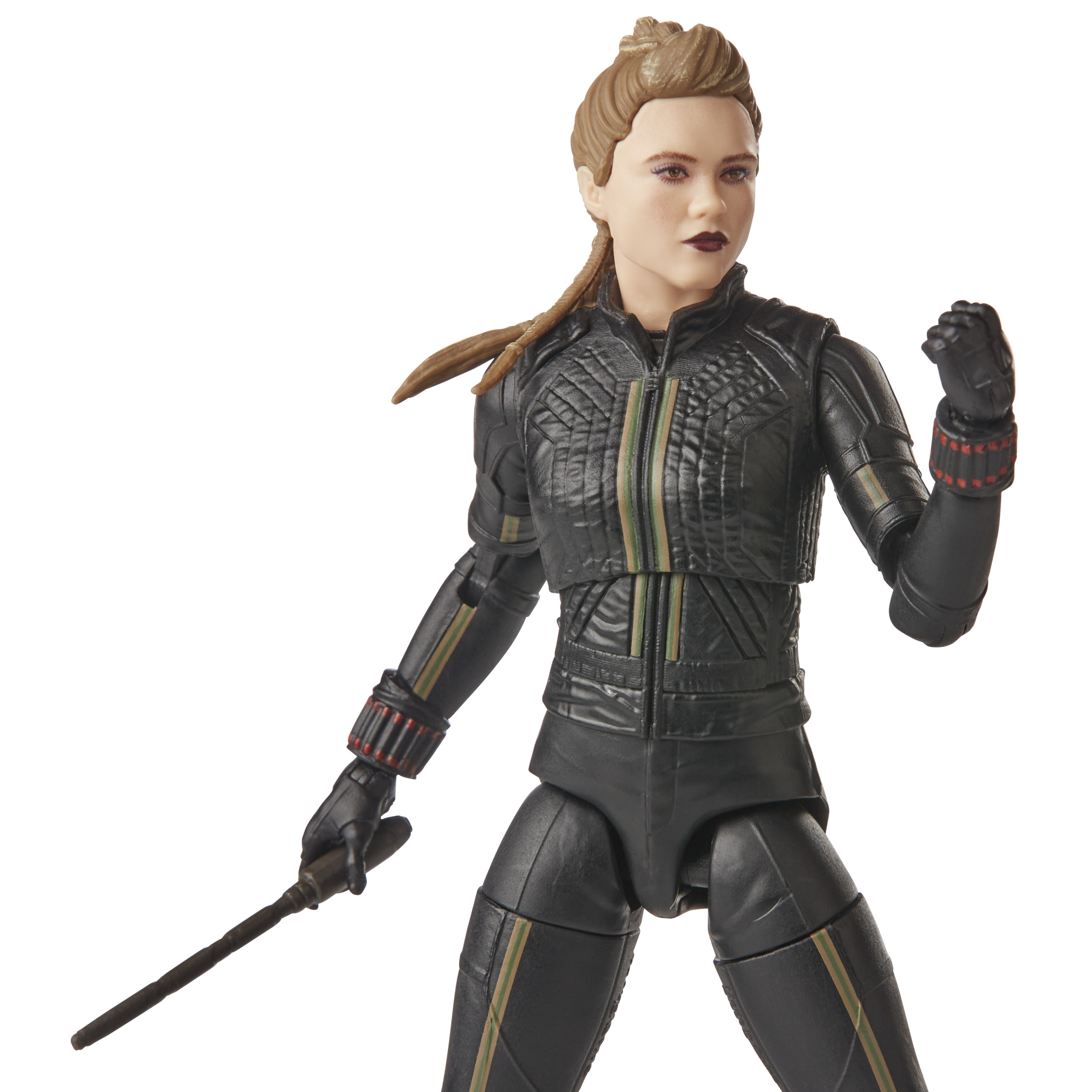 Figura de Black Widow, traje negro, cabello trenzado, sosteniendo un bastón, puño cerrado.