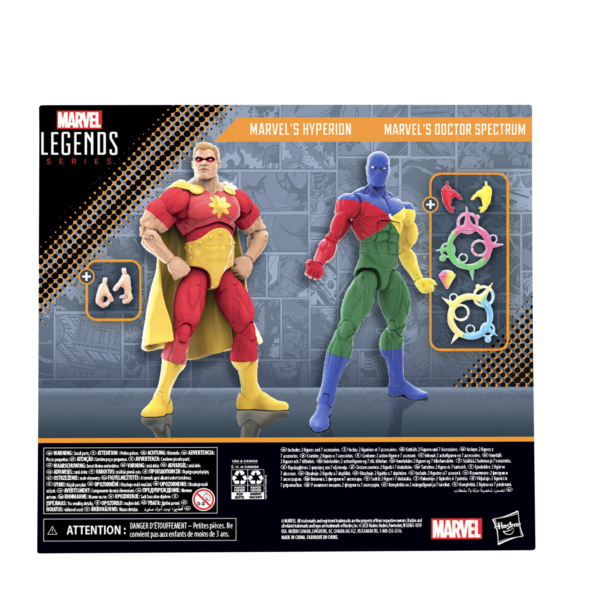 Parte trasera de una caja de Marvel Legends, con dos figuras: Hyperion en amarillo y rojo, y Doctor Spectrum.