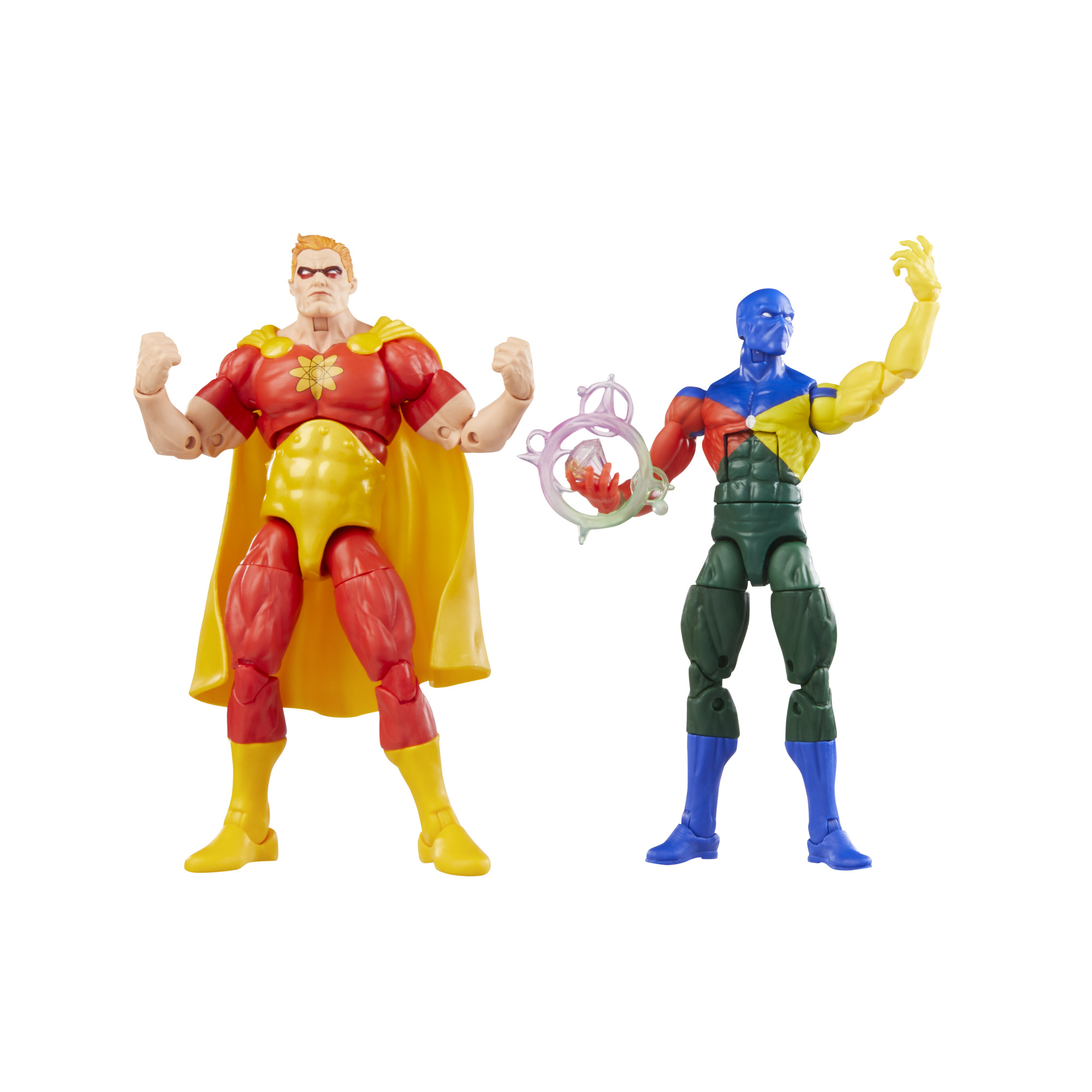 Dos figuras de acción: un héroe rojo-amarillo con capa y una figura azul-amarilla sosteniendo un objeto rosa.