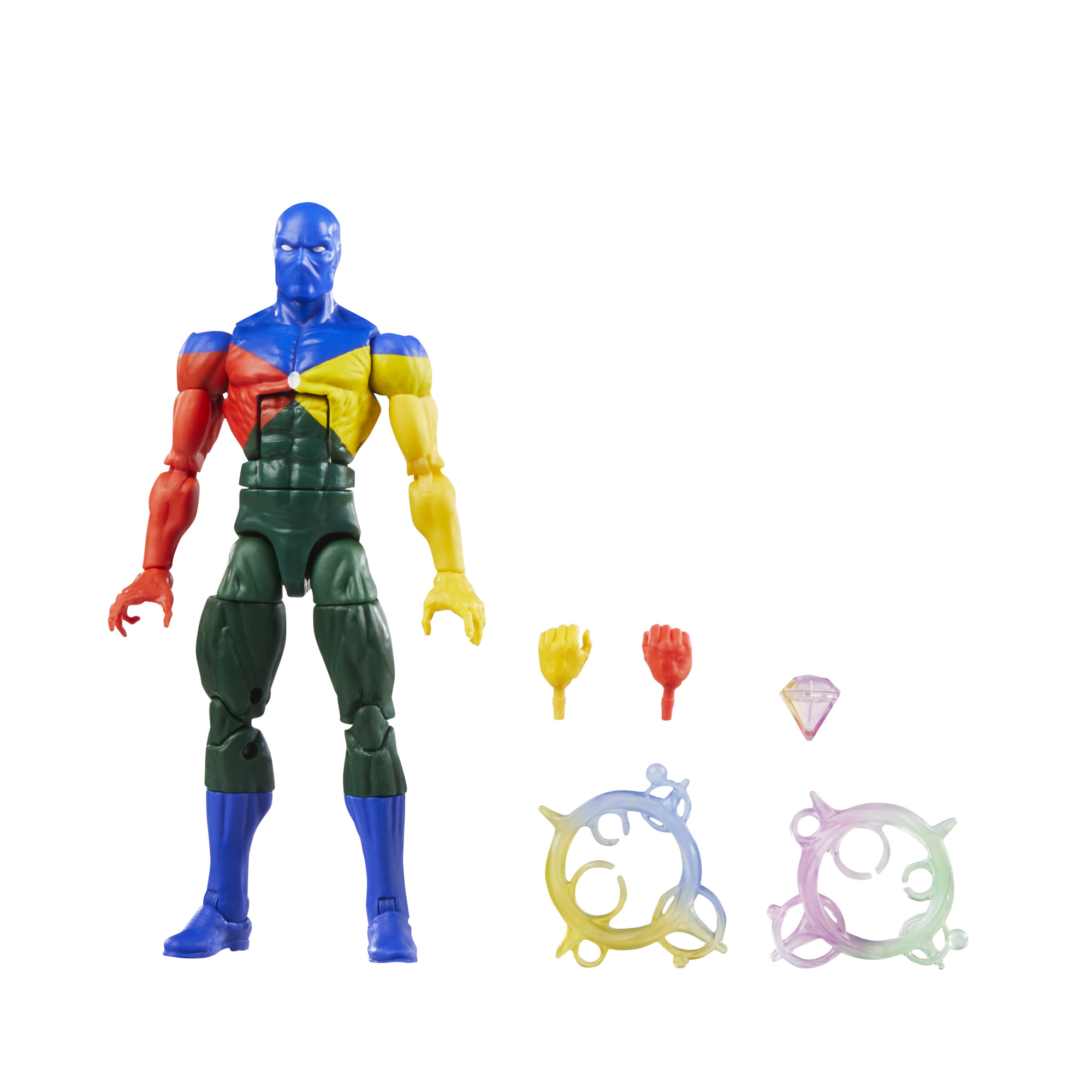 Una figura de acción colorida con accesorios, un personaje heroico con cabeza azul.