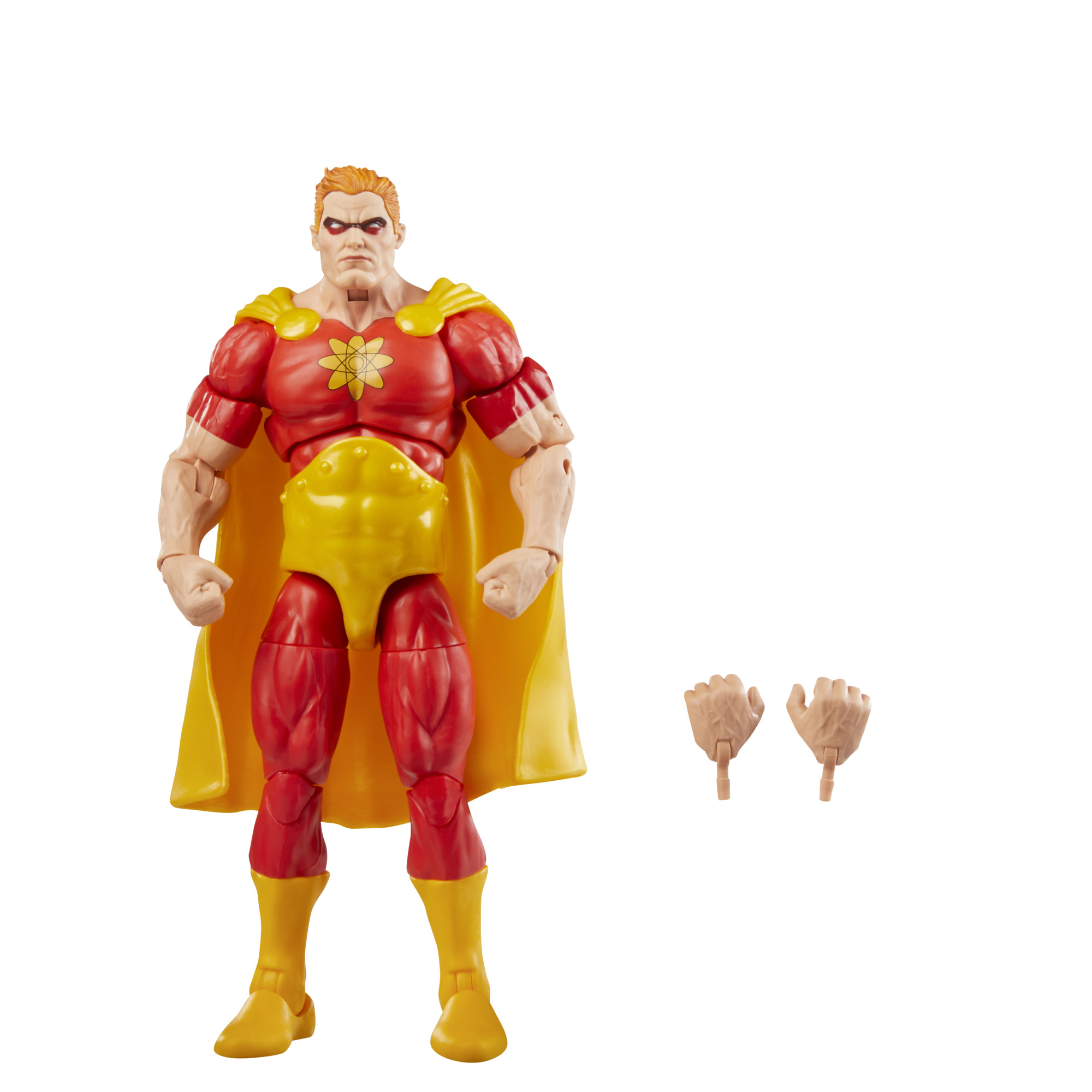 Figura de acción: superhéroe rojo-amarillo con capa, dos puños y accesorios.