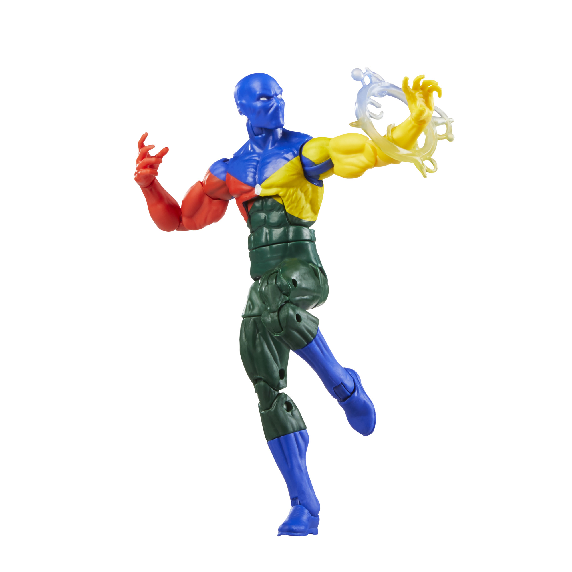 Figura de acción de un personaje con rostro azul, secciones del cuerpo rojas, amarillas y verdes, con poderes.
