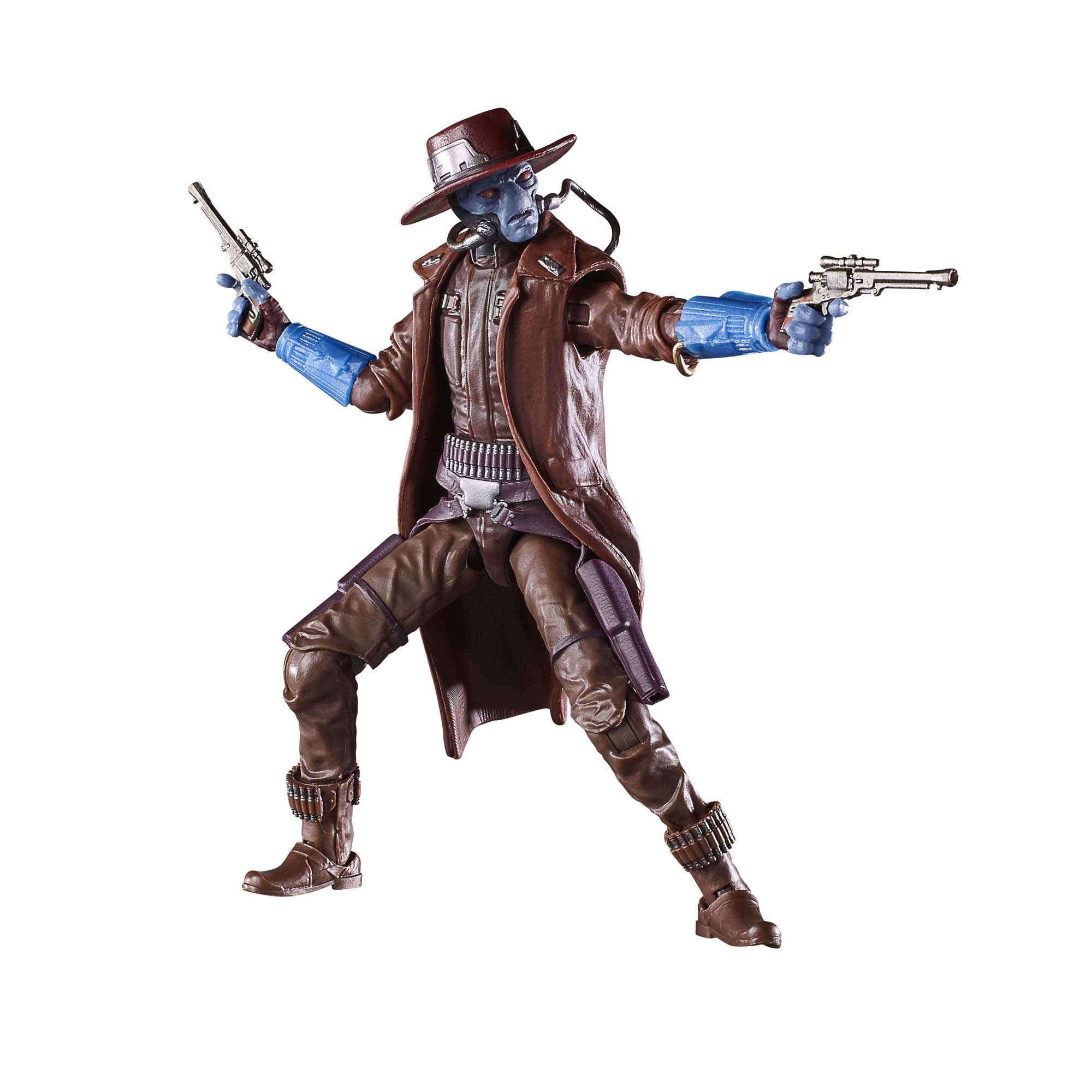 Figurka Cad Bane. Brązowy płaszcz, niebieska twarz, dwa pistolety. Poza z wyciągniętą bronią.