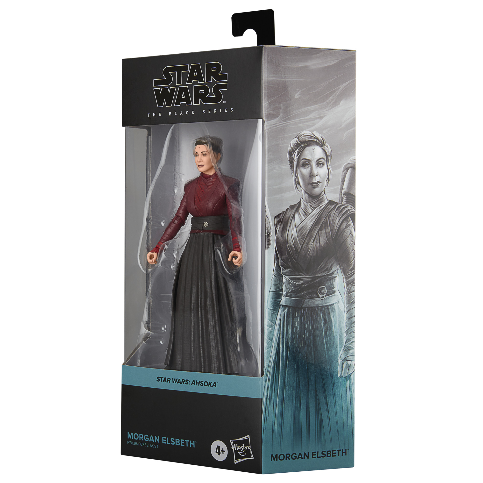 Figura de acción de Morgan Elsbeth Star Wars en una caja. Figura, vestida de rojo y negro, con un arma.