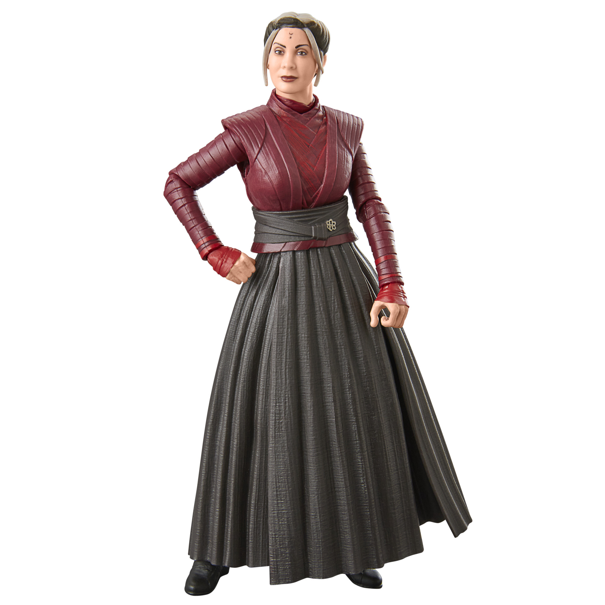 Una figura de acción de mujer con top rojo y falda larga gris.