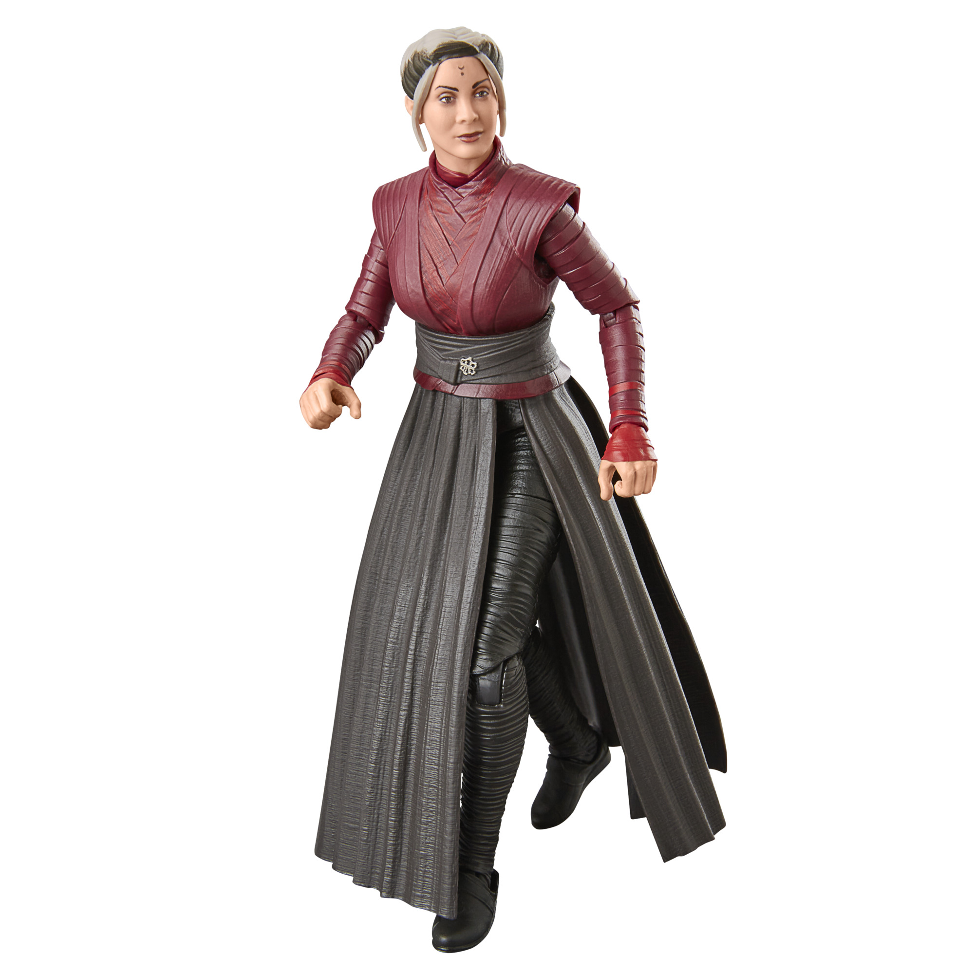 Figura de acción de una mujer con top rojo, falda gris y botas negras.
