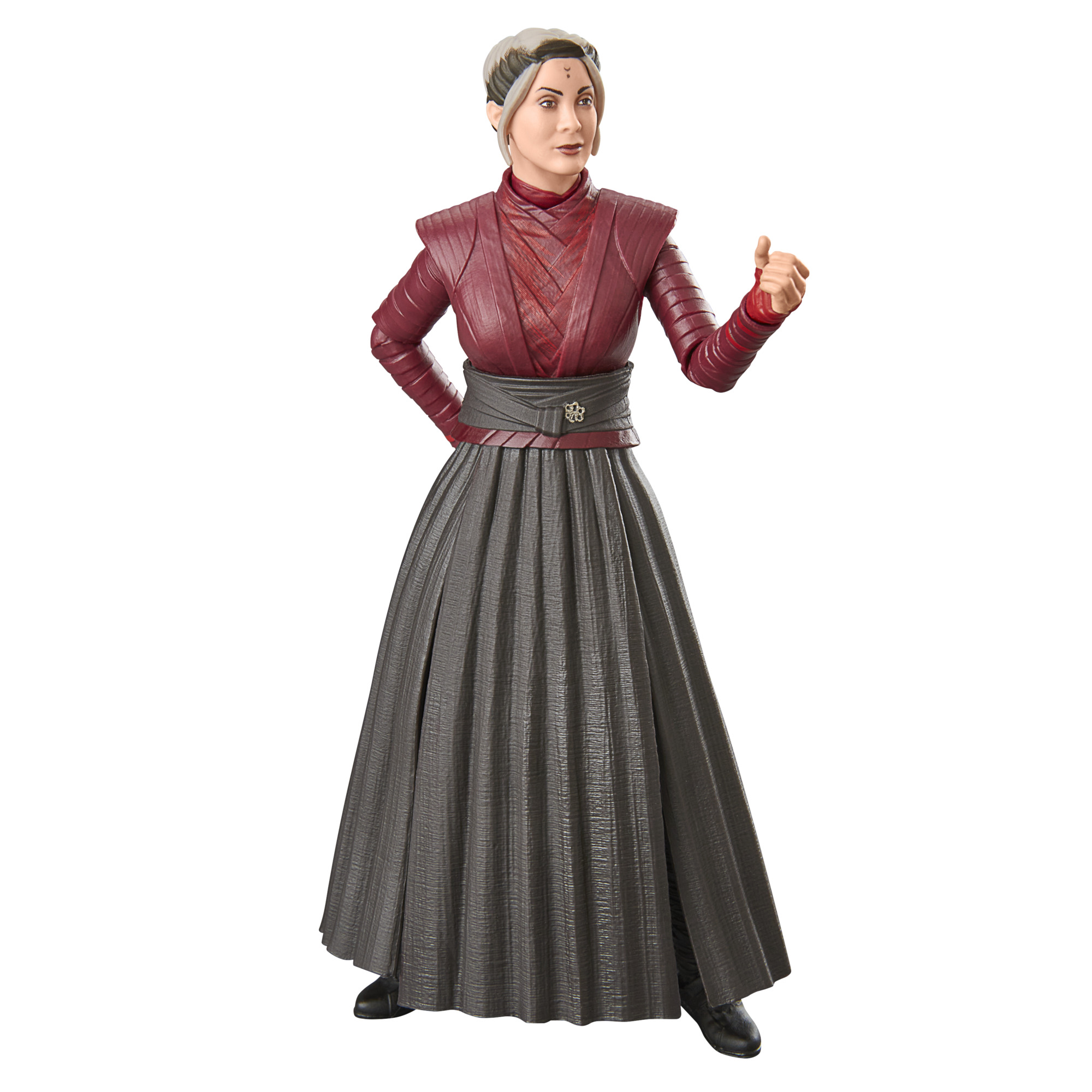 Figura de Star Wars. Mujer con traje rojo y gris. Falda larga y cabello gris.