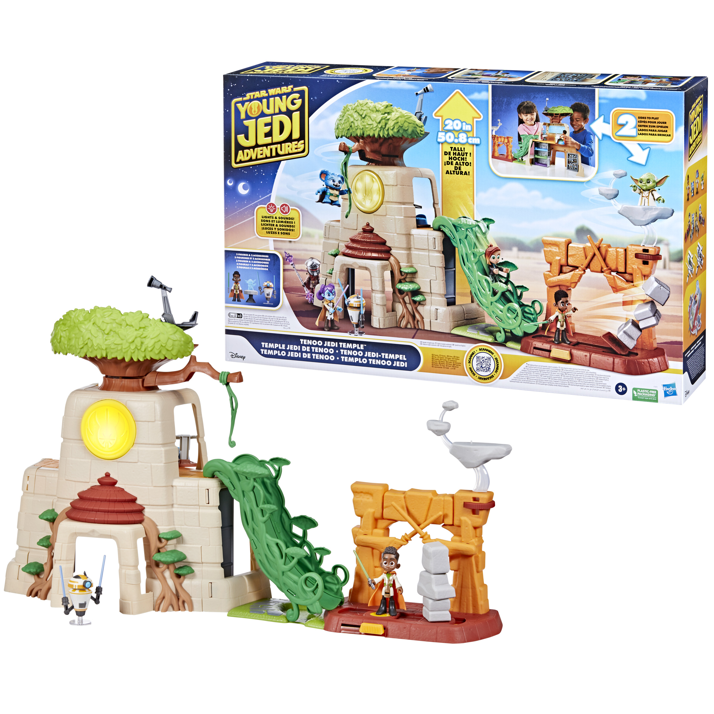 Un playset di Star Wars Young Jedi Adventures con un tempio, uno scivolo e delle figure.