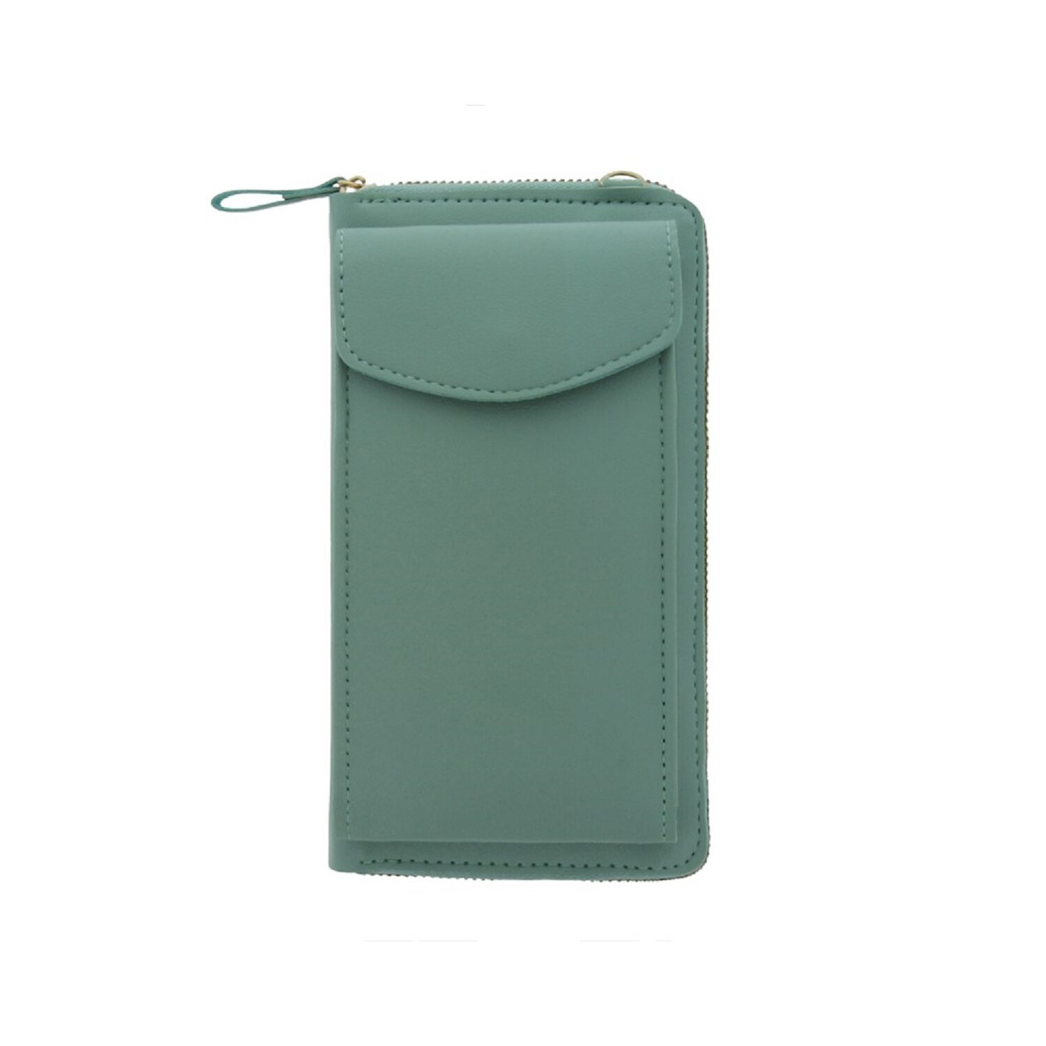 Mintgrüne Brieftasche, mit Vordertasche und Reißverschluss.