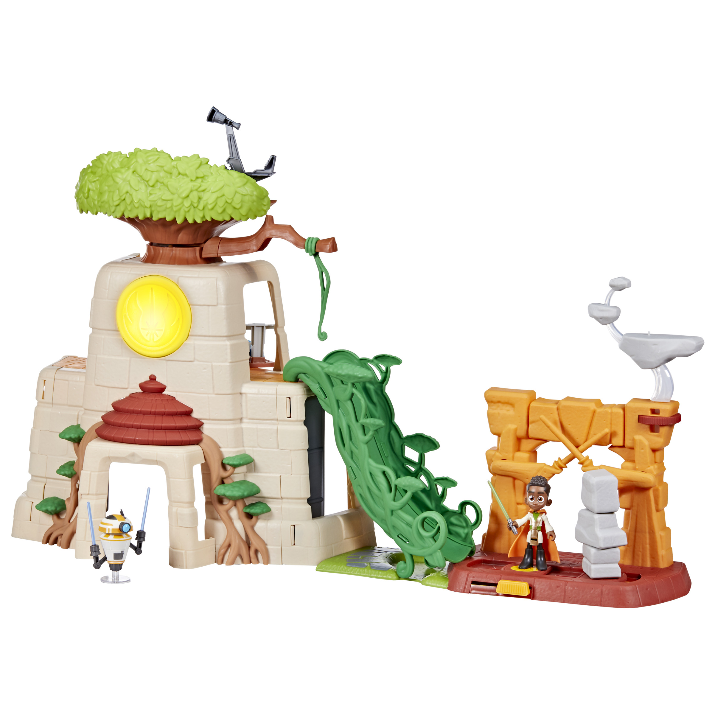 Set di gioco con personaggi. Presenta un edificio con uno scivolo e personaggi con spade laser.