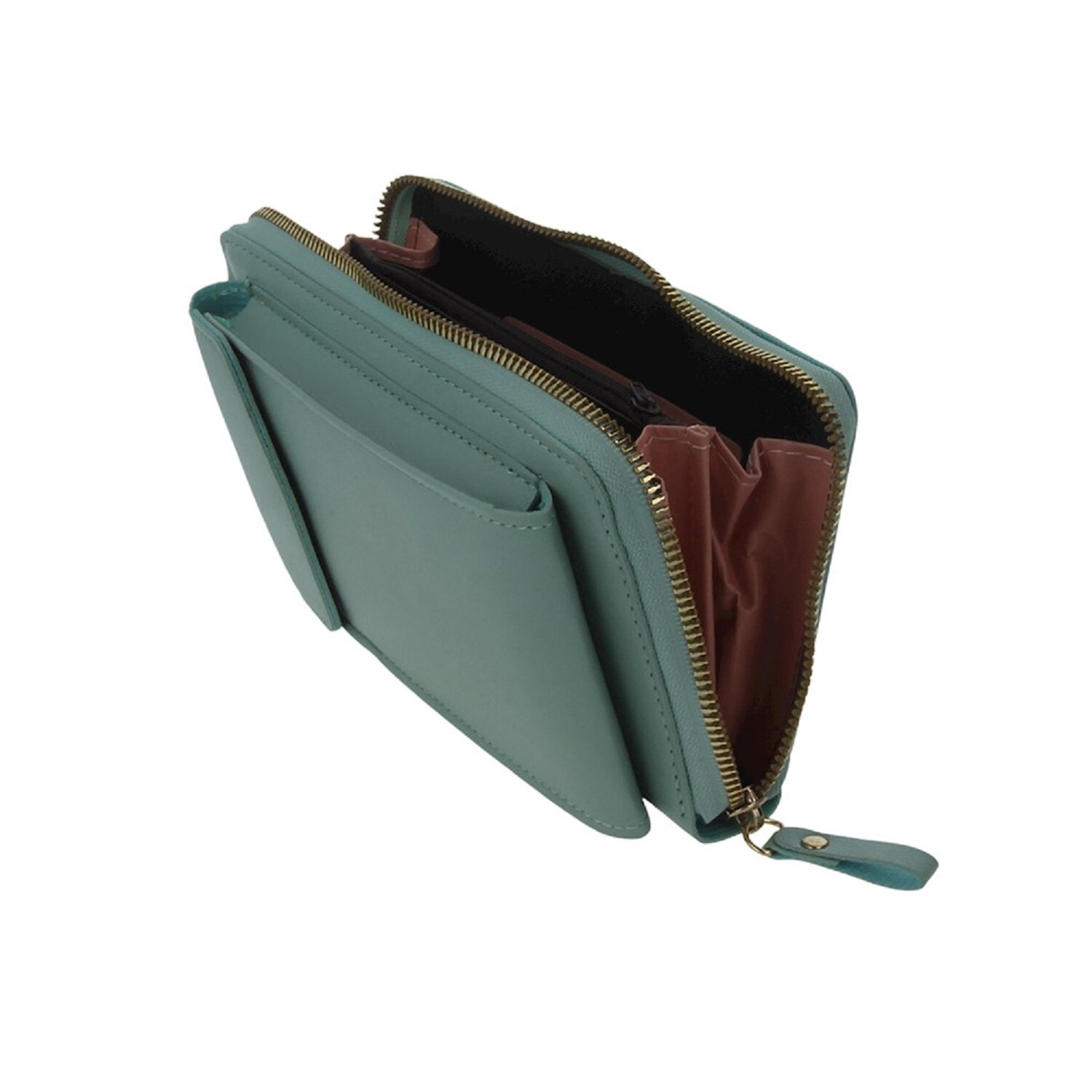 Eine teal-farbene Geldbörse mit Reißverschluss und einer Tasche. Die Innenseite ist braun.