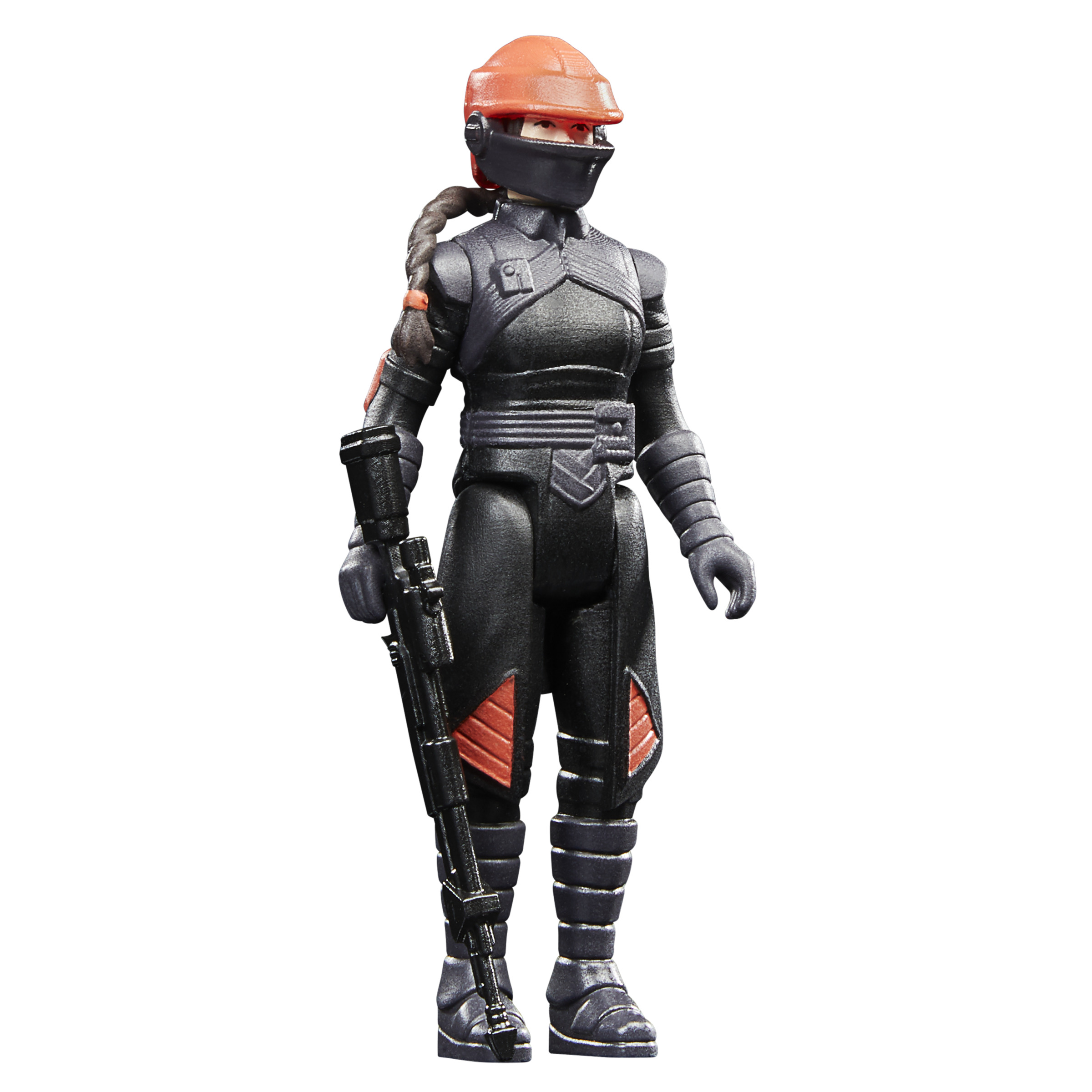 Una figura de acción femenina con equipo táctico negro y naranja, sosteniendo un arma.