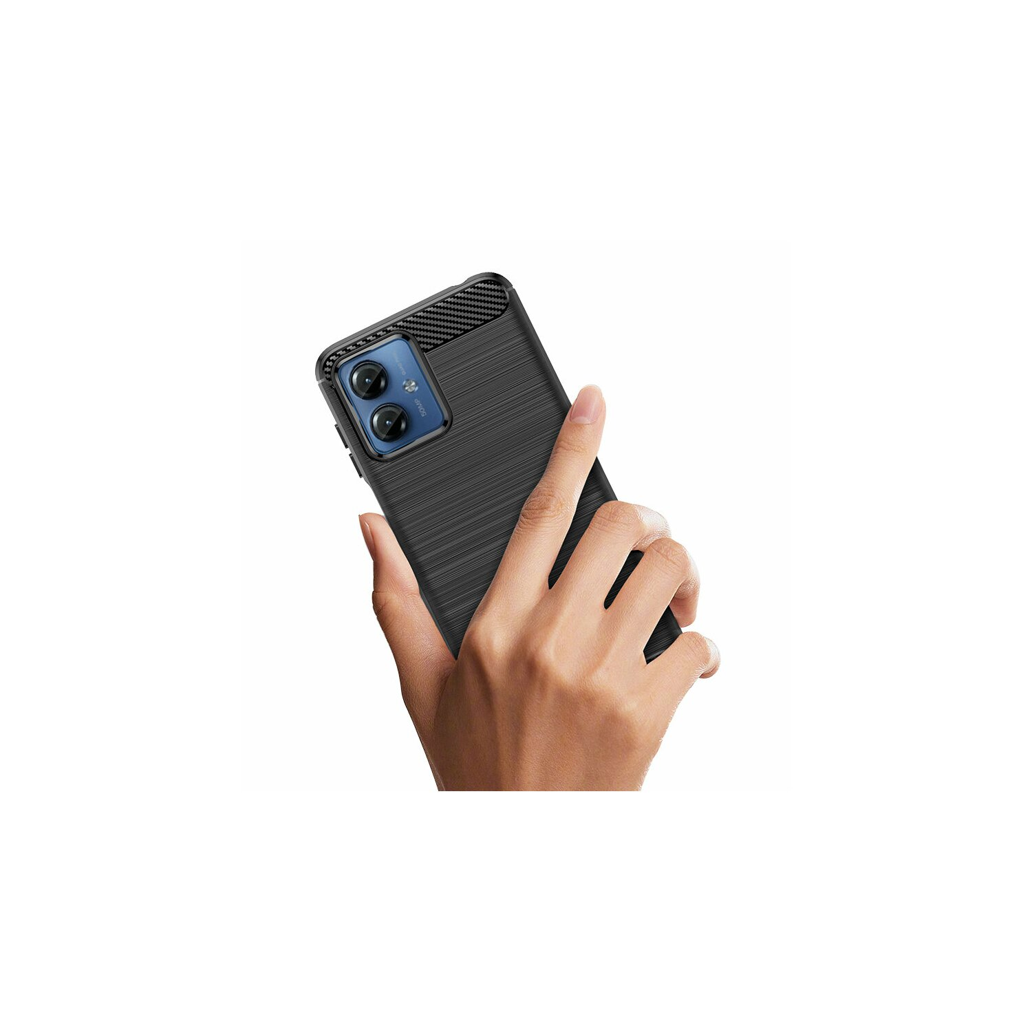 Una mano che tiene una custodia per telefono nera strutturata, sfondo bianco.