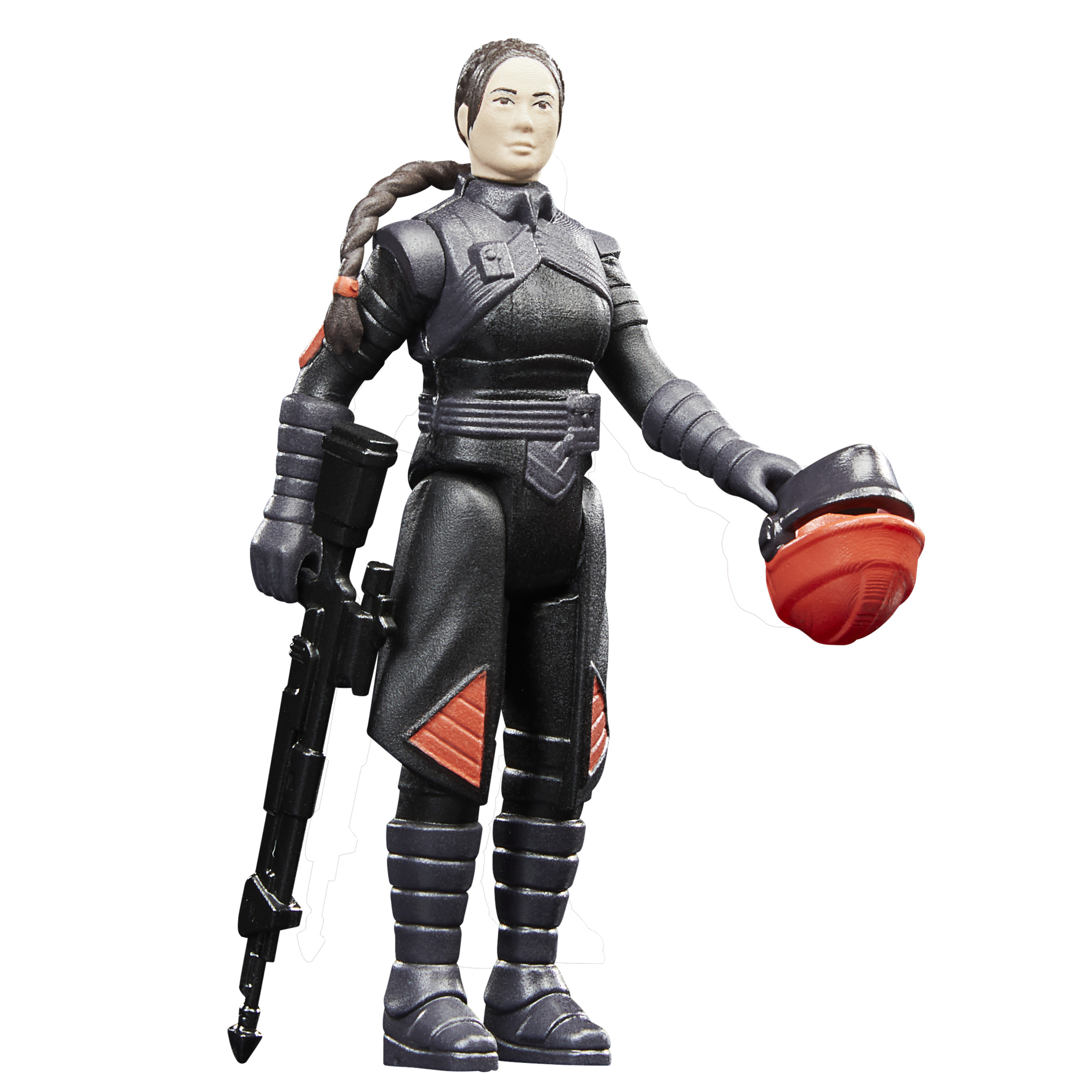Figura de acción femenina con armadura negra, sosteniendo un casco y un rifle.