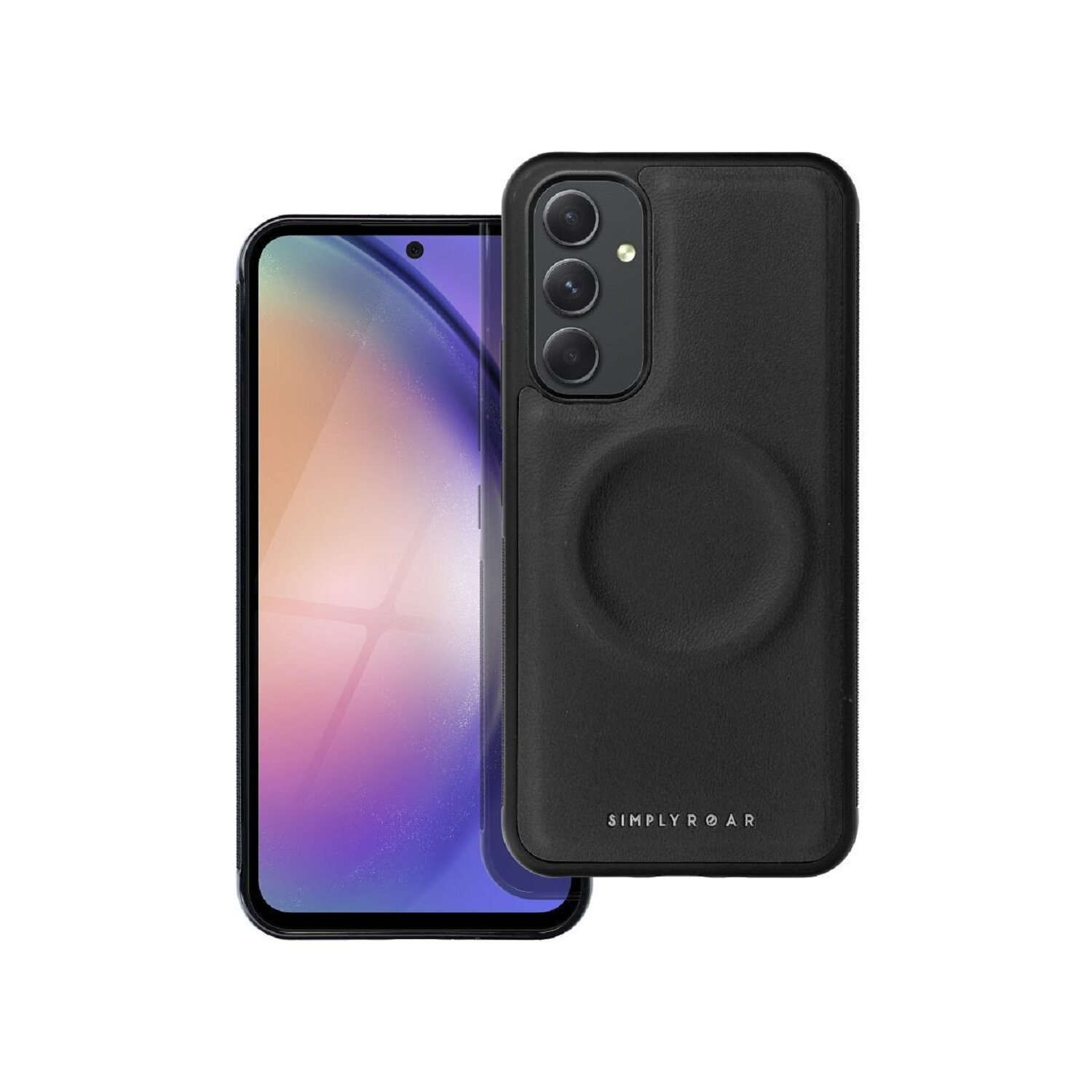 Schwarzes Telefon in einer schwarzen Hülle mit Kameraausbuchtung und kreisförmiger Magnetbefestigung.