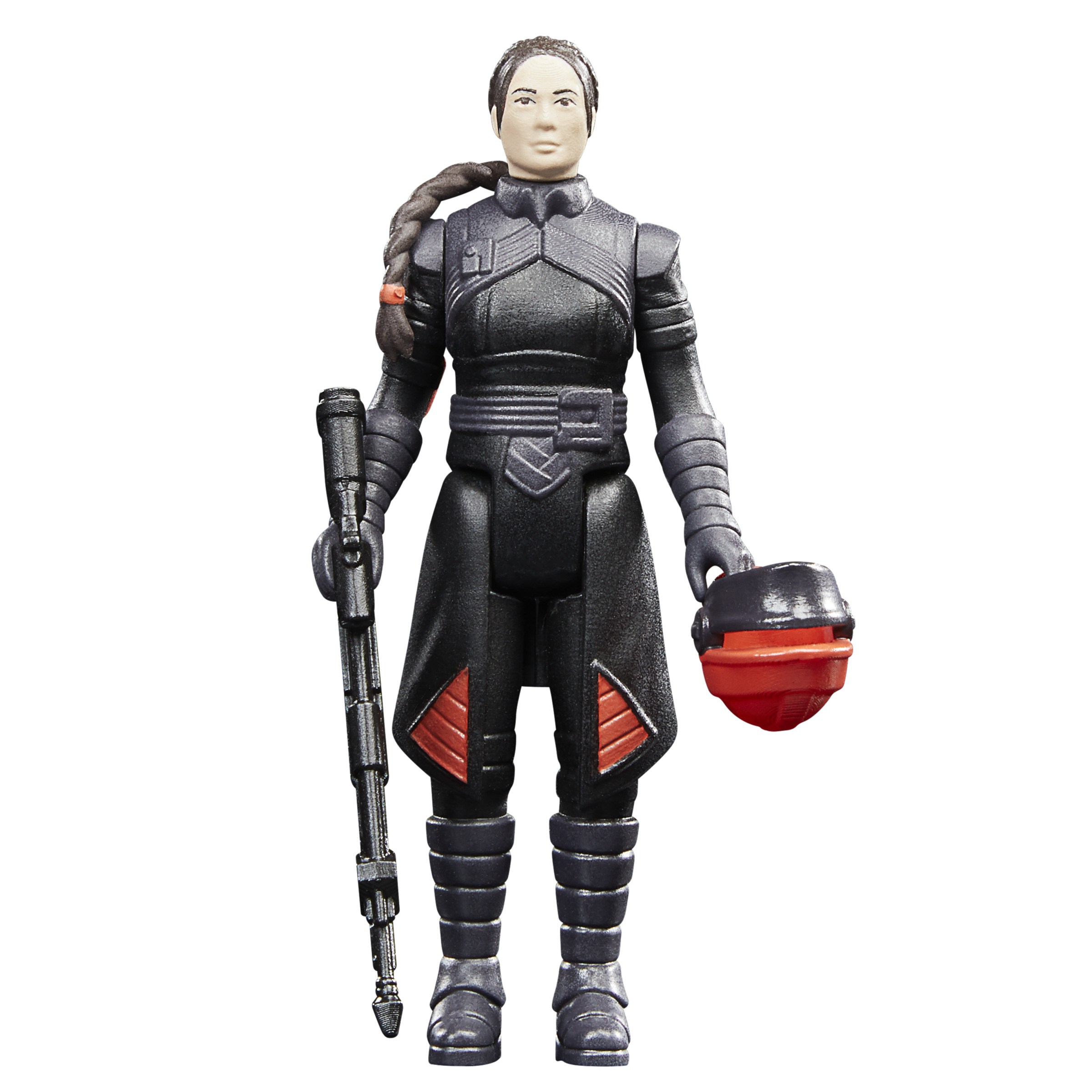 Figura de acción femenina con uniforme negro, sosteniendo un arma y un casco rojo. Tiene una trenza.