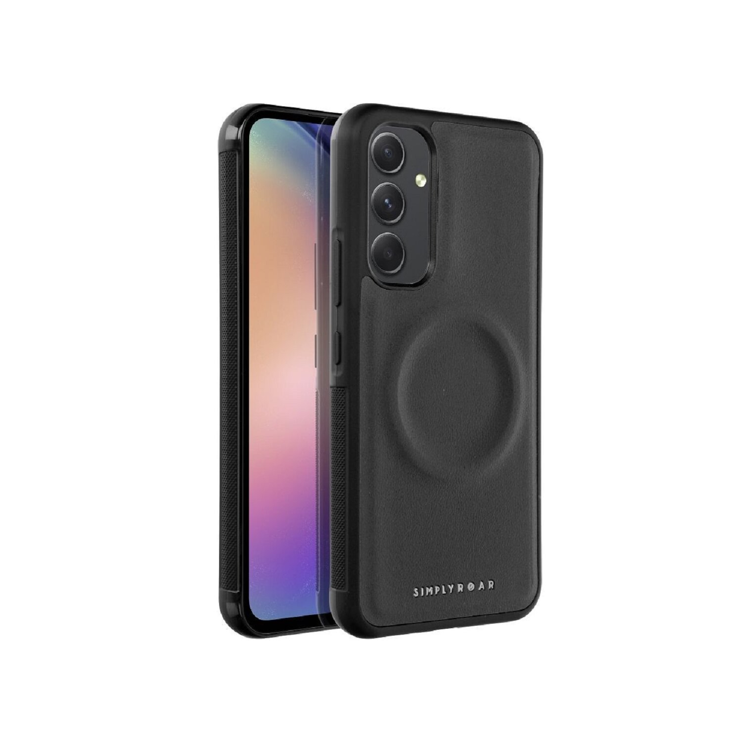 Schwarze Handyhülle mit eingesetztem Telefon. SIMPLY ROAD ist aufgedruckt.