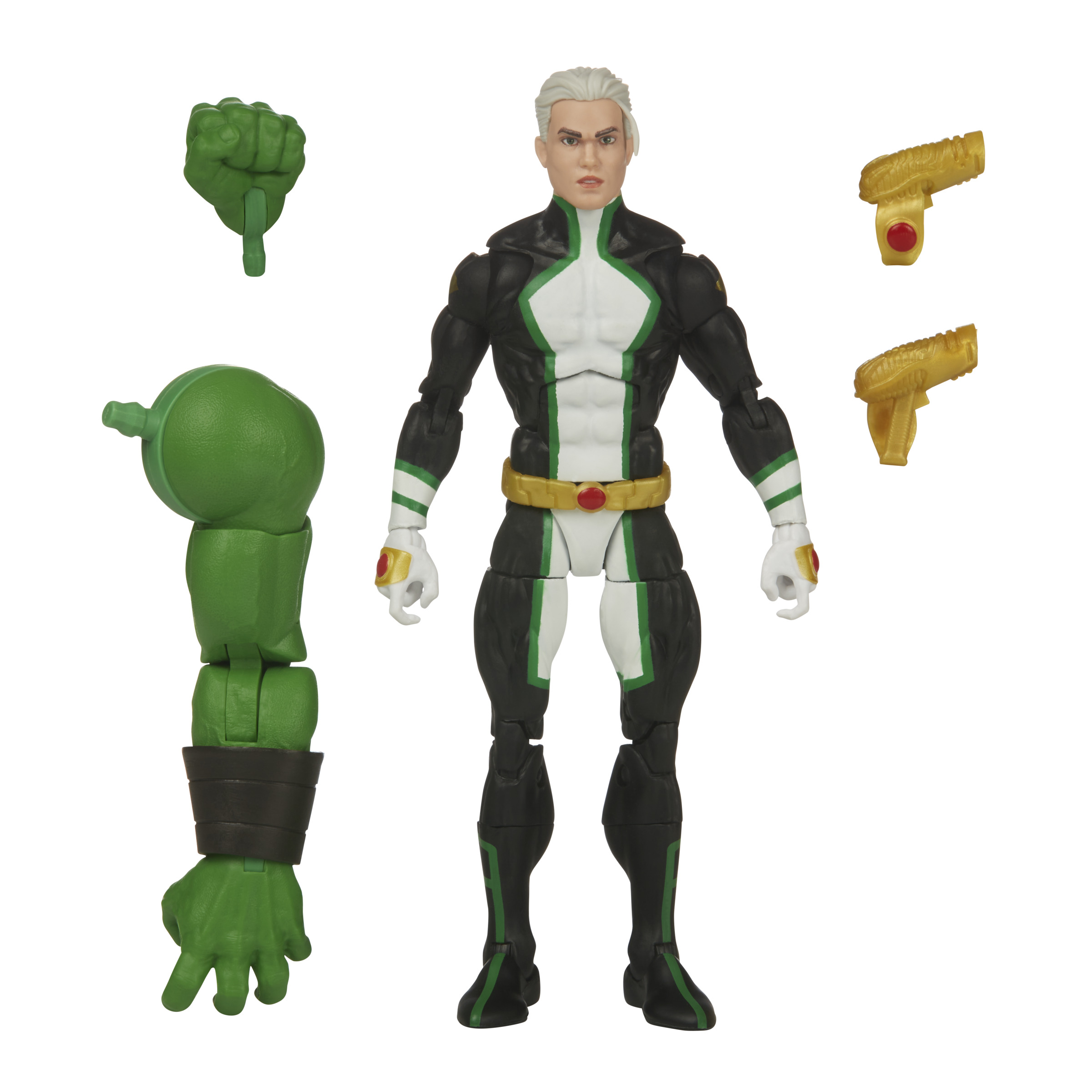 Figura de acción con pelo blanco, traje verde y negro, y accesorios.