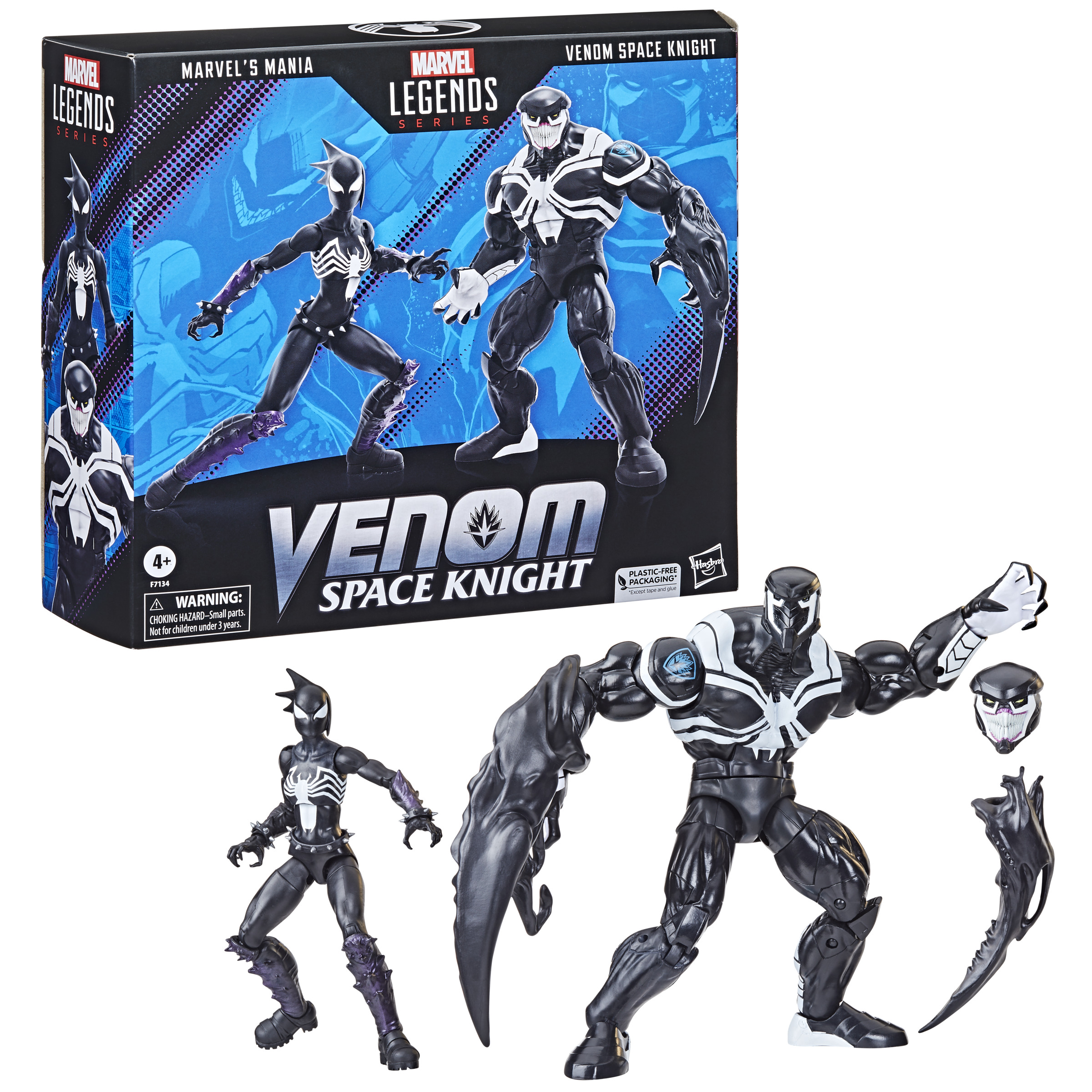 Set de figuras de Venom Space Knight. Figuras en blanco y negro en caja. Incluye a Venom y una variante femenina.