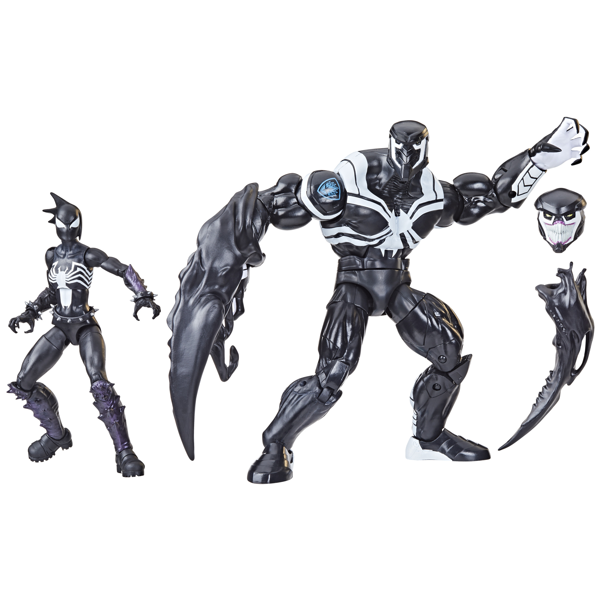 Figuras de Venom y Spider-Man. Venom tiene múltiples formas con partes desmontables.