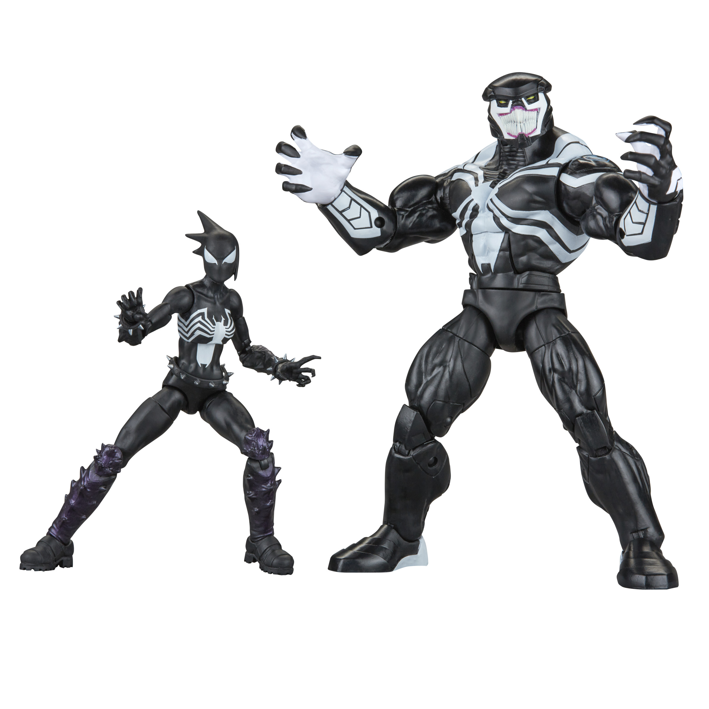 Dos figuras de Marvel en blanco y negro, un Venom grande, una figura más pequeña tipo Spider-Man.