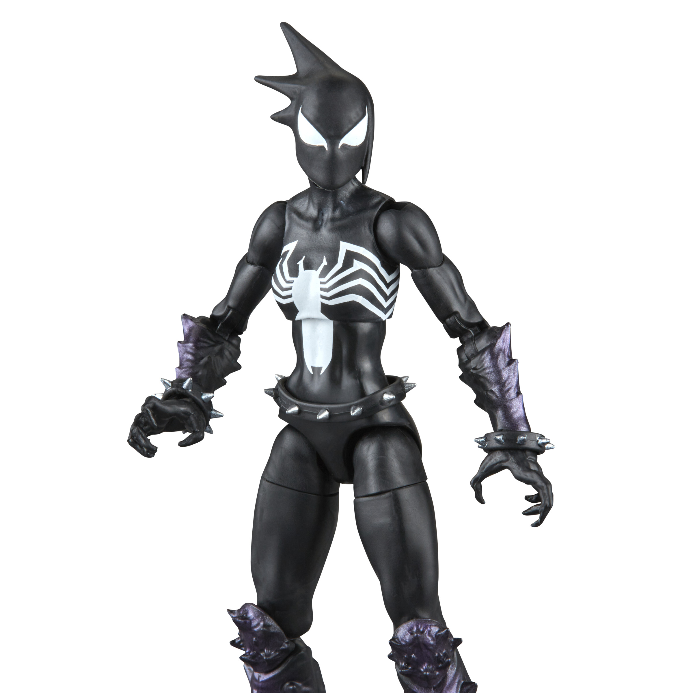 Una figura de acción de superheroína negra con un símbolo blanco similar a una araña. Lleva muñequeras con púas.