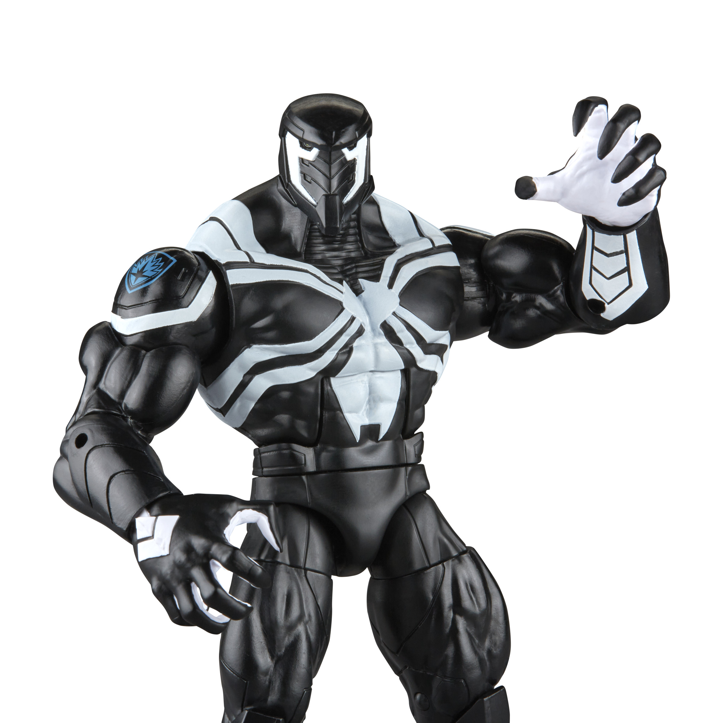 Figura de acción: Venom, cuerpo blanco y negro, con un símbolo de araña y una mano blanca.