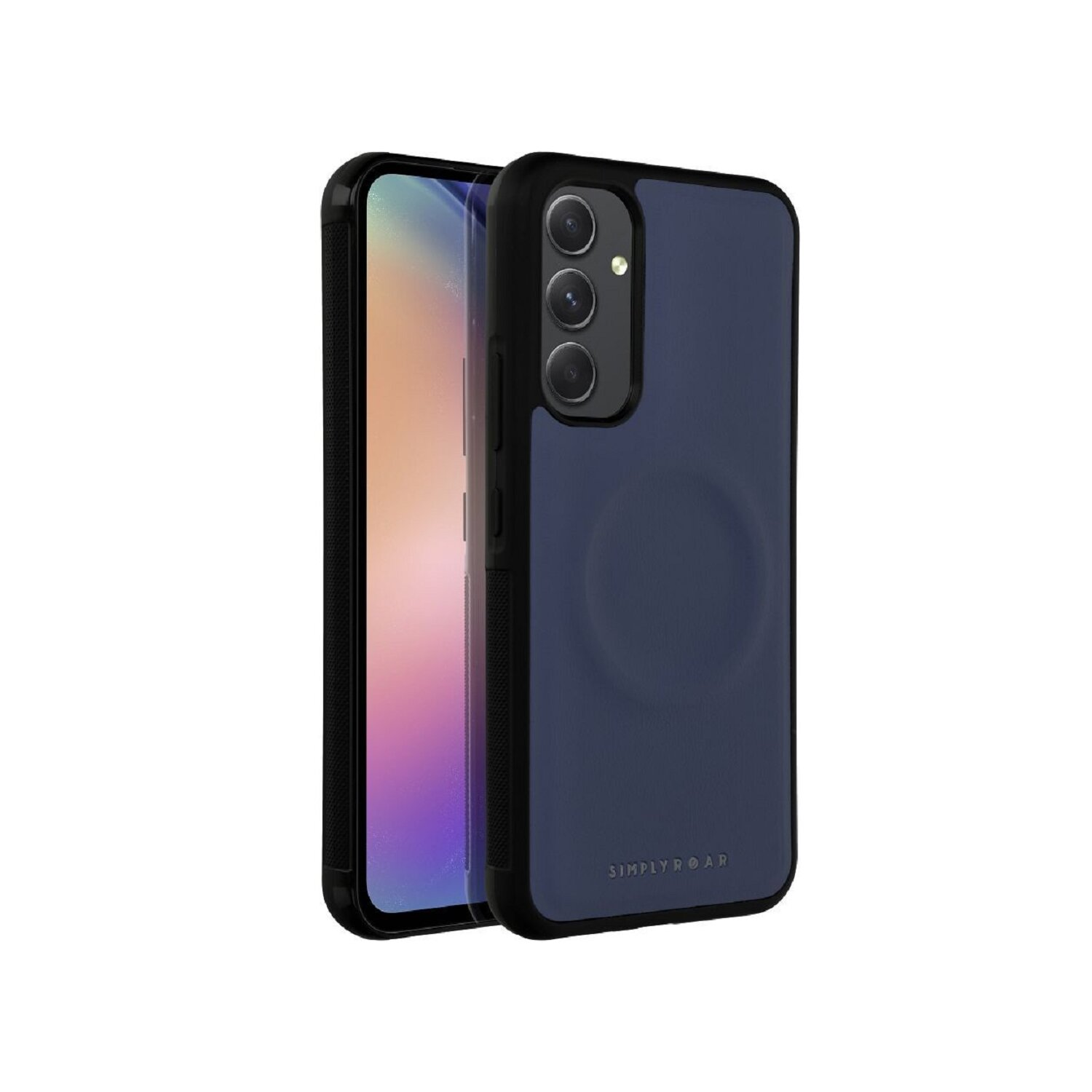 Schwarzes Telefon mit blauem Gehäuse. Das Telefon ist gedreht und zeigt den Bildschirm. Simply Road Logo.