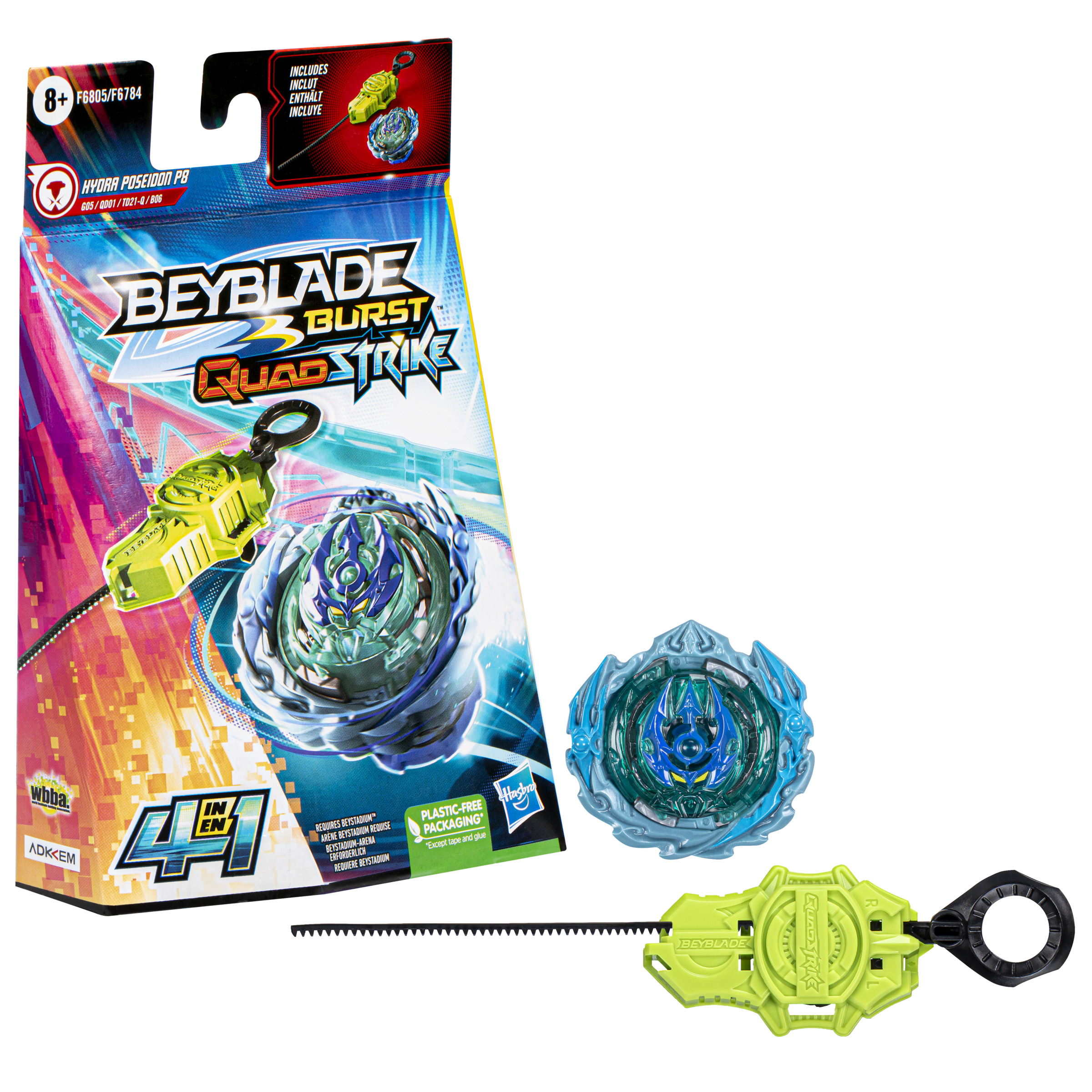 Pudełko z zabawkami Beyblade Burst QuadStrike z zielonym wyrzutnikiem i dwoma górnymi częściami. Pudełko pokazuje postacie i mapę.