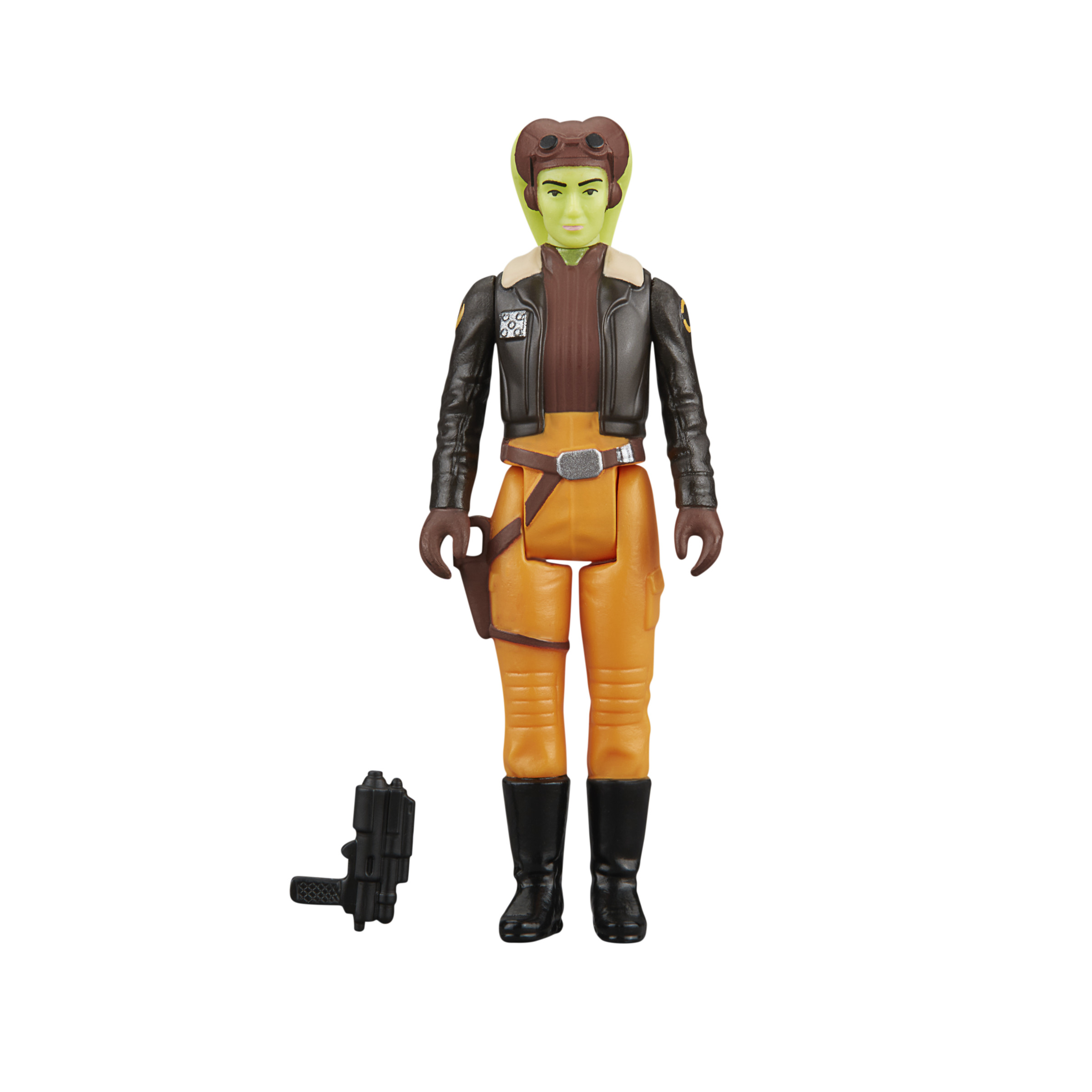 Figura de piel verde con pantalones naranjas, chaqueta negra, sosteniendo una pistola. Botas negras, guantes marrones, fondo blanco.