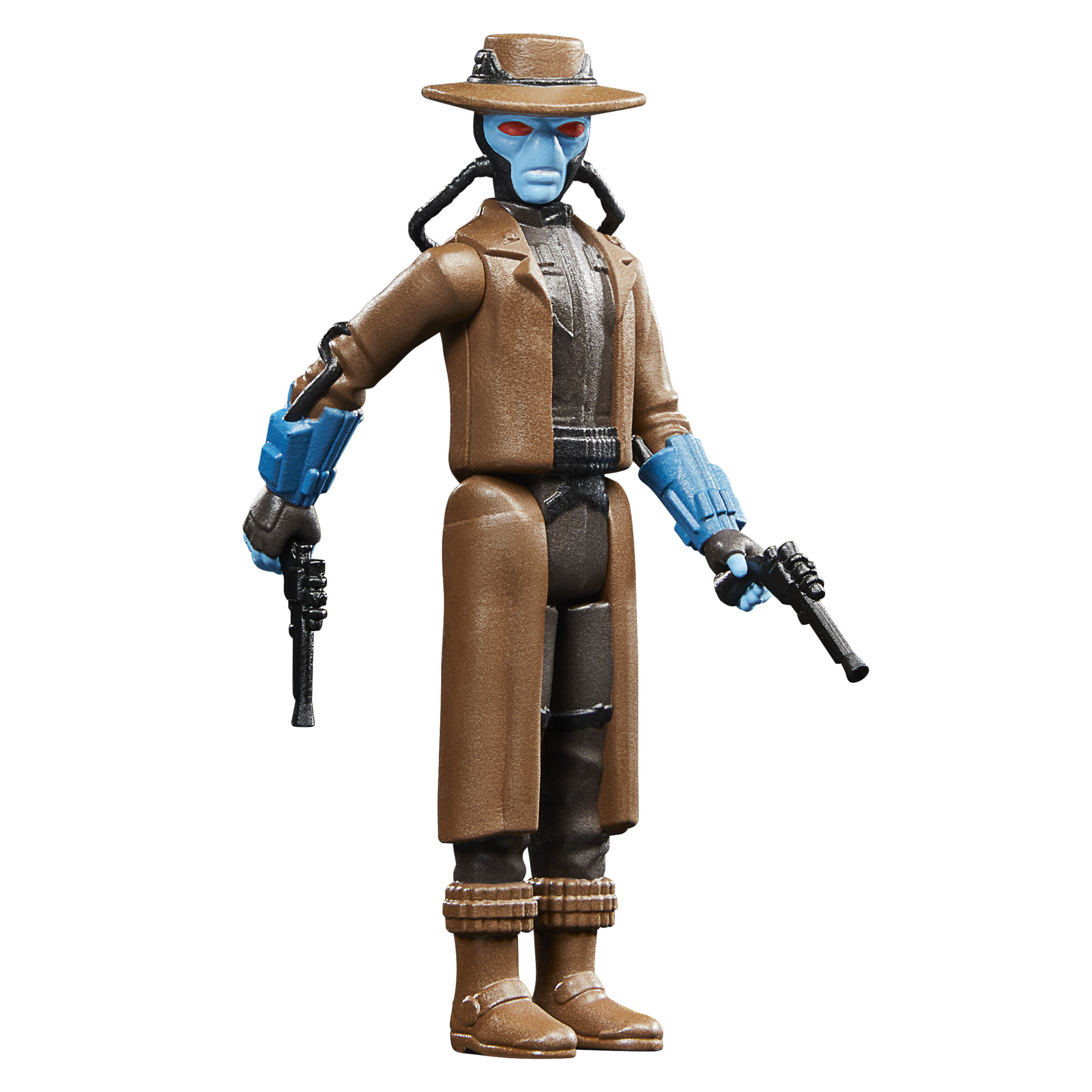 Figura de acción de Cad Bane con piel azul, abrigo marrón y dos pistolas.