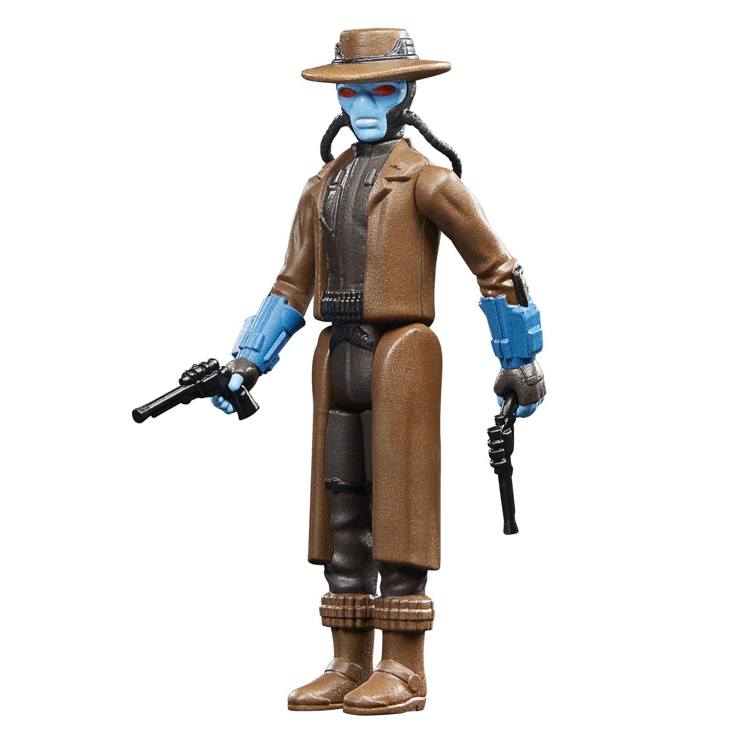Figura de acción de Cad Bane con abrigo marrón, piel azul, sombrero y pistolas. Posando en posición de combate.
