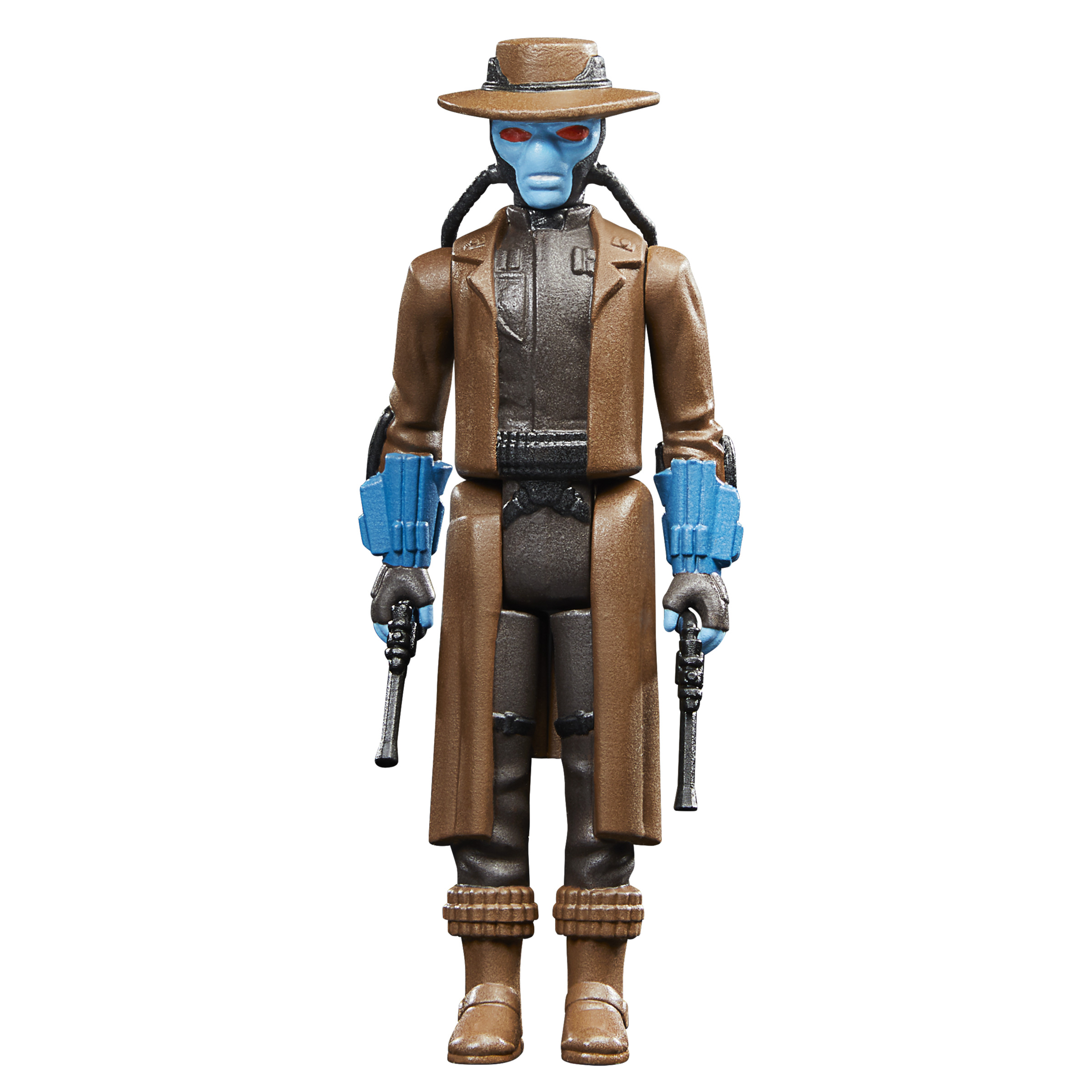 Figura de acción de Cad Bane con piel azul, abrigo marrón y dos pistolas sobre blanco.